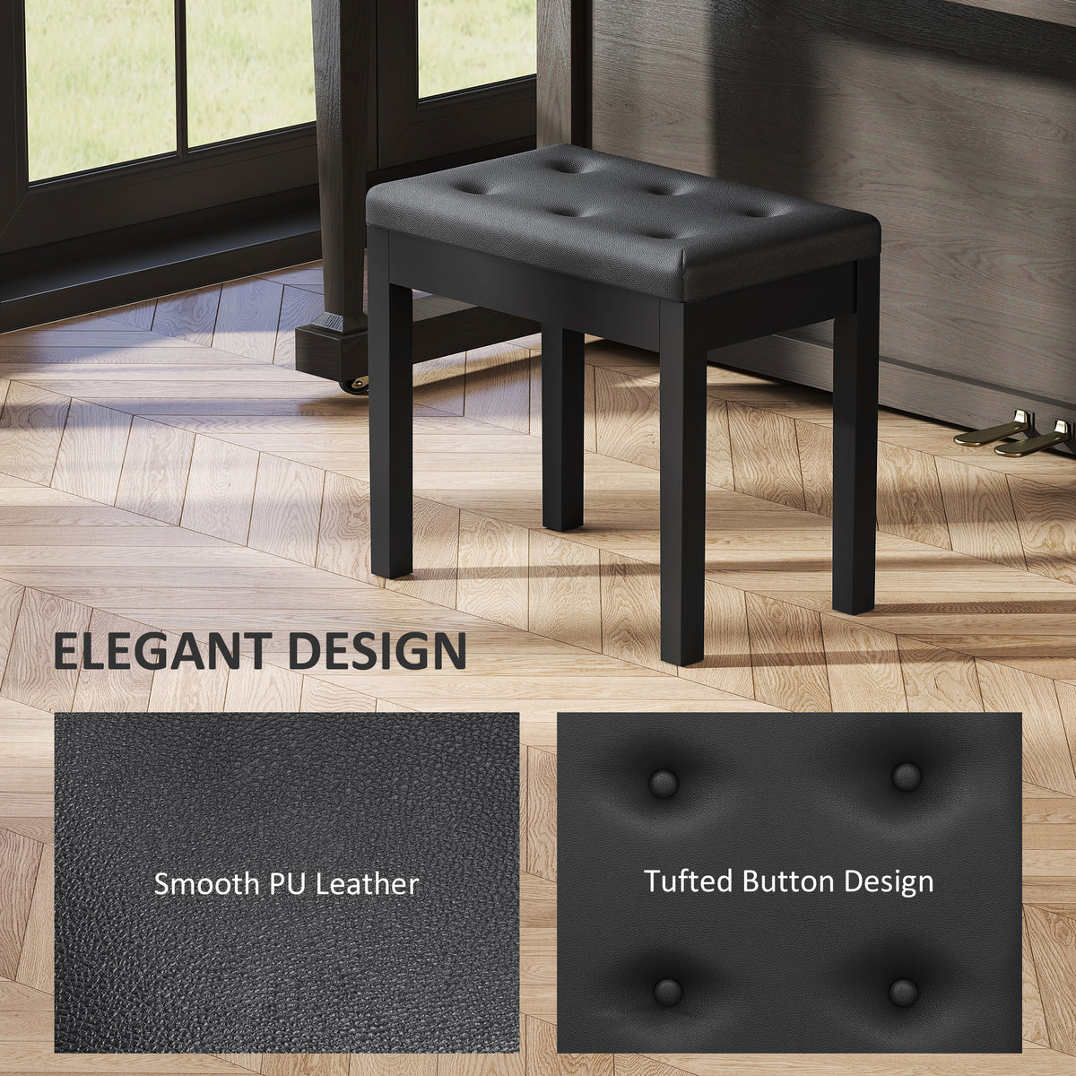 Piano Bench with Storage and Padded Cushion, Faux Leather Keyboard Bench with Solid Wood Legs, Black