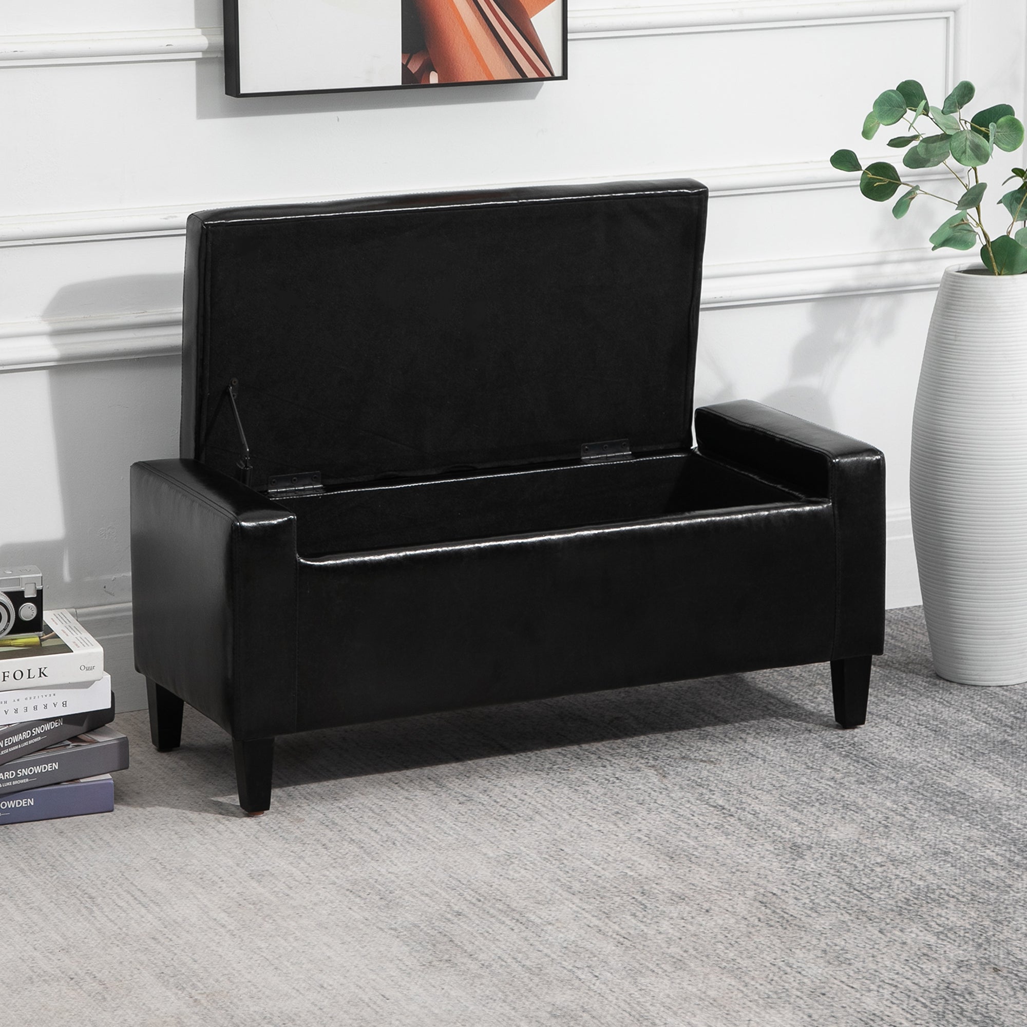 HOMCOM PU Leather Storage Ottoman Bench Storage Chest Tufted Ottoman Cube w/ Flipping Top 92L x 40W x 40H cm Black