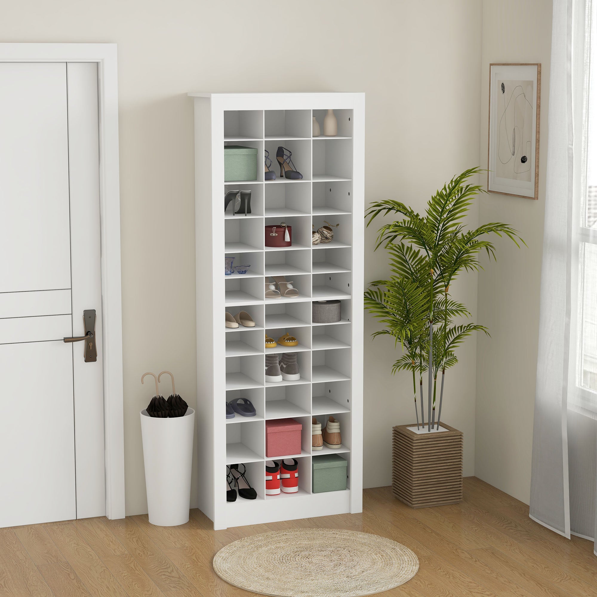 71" Shoe Storage Cabinet with 3 Heights of Open Cubes for 36 Pairs White