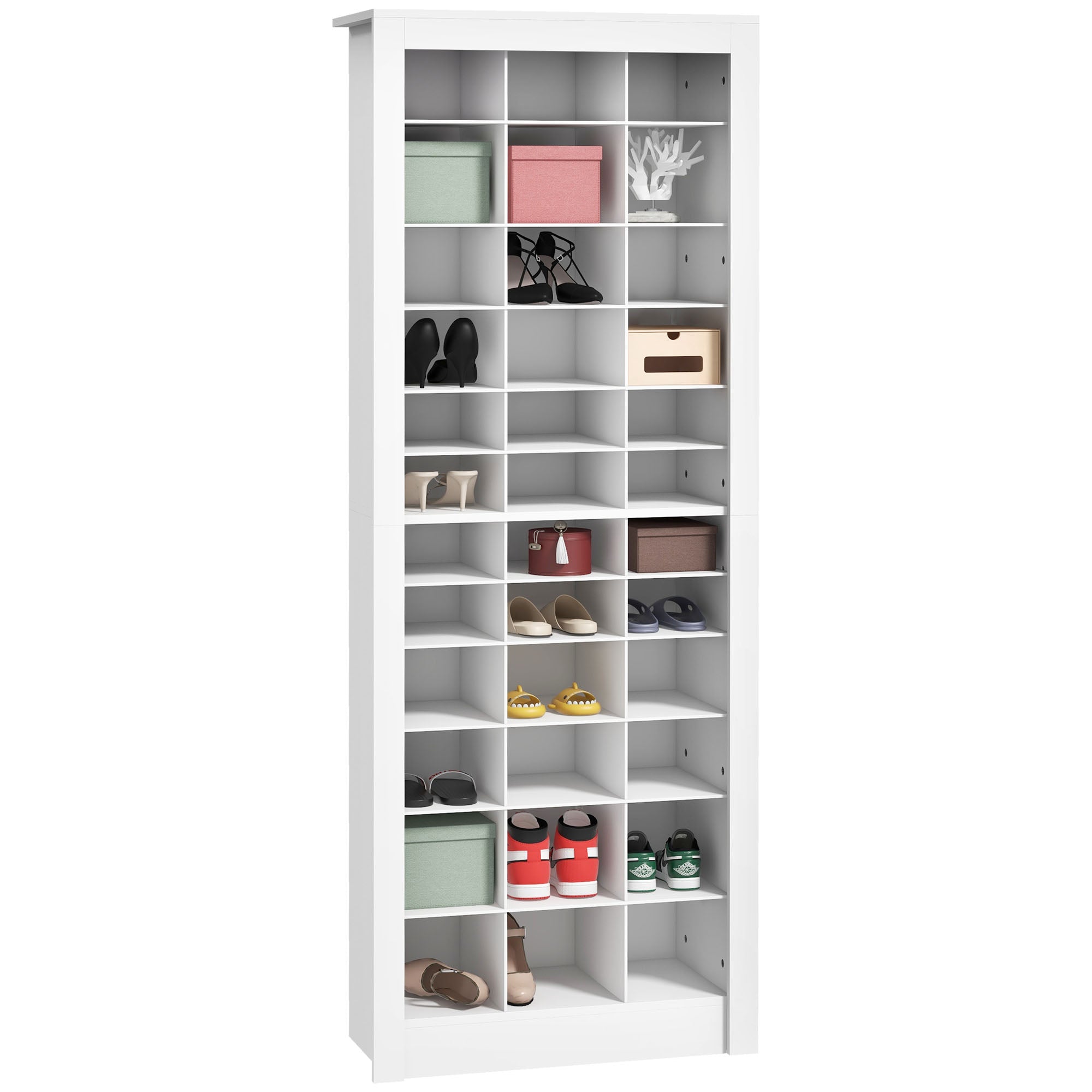 71" Shoe Storage Cabinet with 3 Heights of Open Cubes for 36 Pairs White