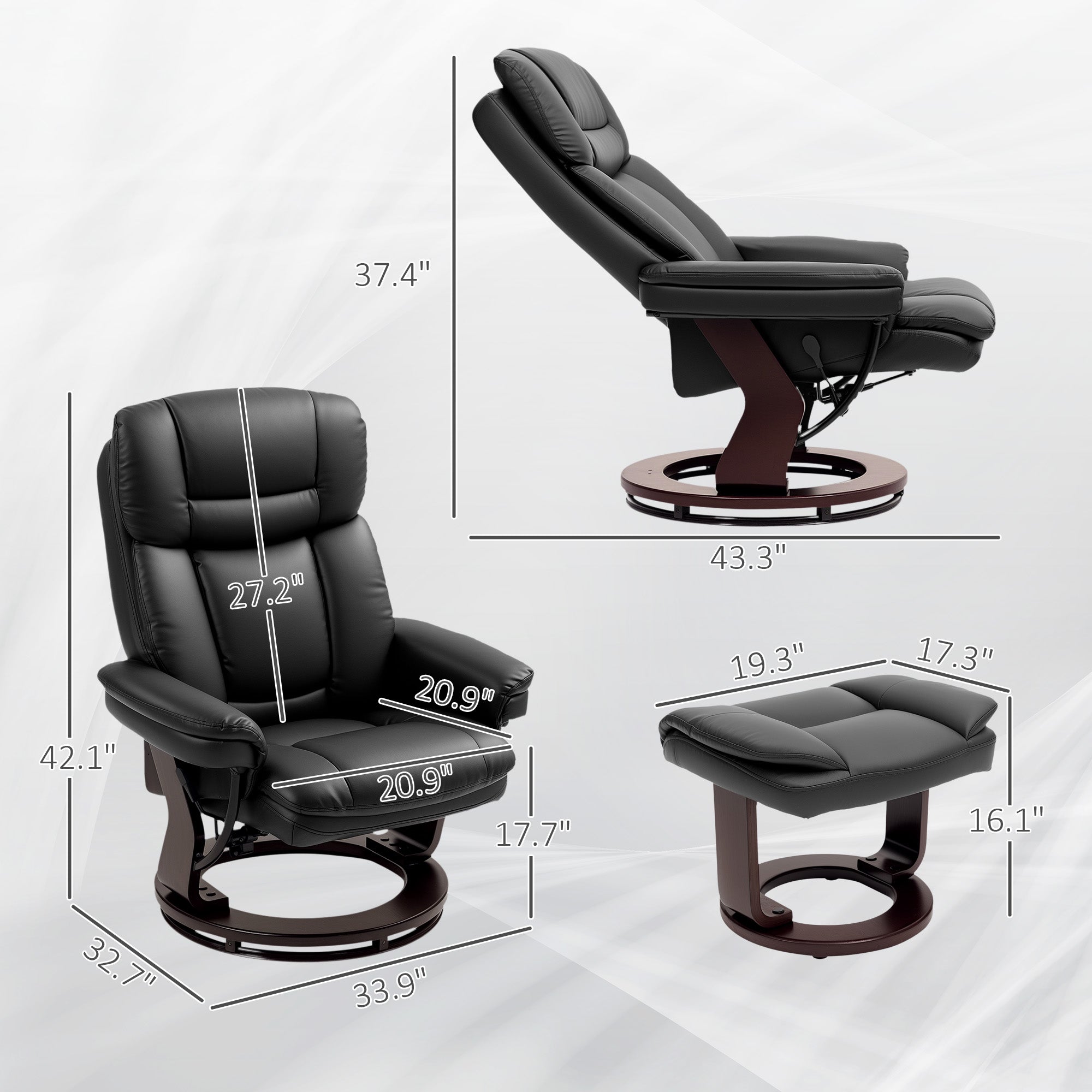 Swivel Recliner Chair with Ottoman, PU Leather Recliner with Adjustable Backrest, Footrest, Wood Base, Upholstered Reclining Chair for Living Room, Bedroom, Office, Black