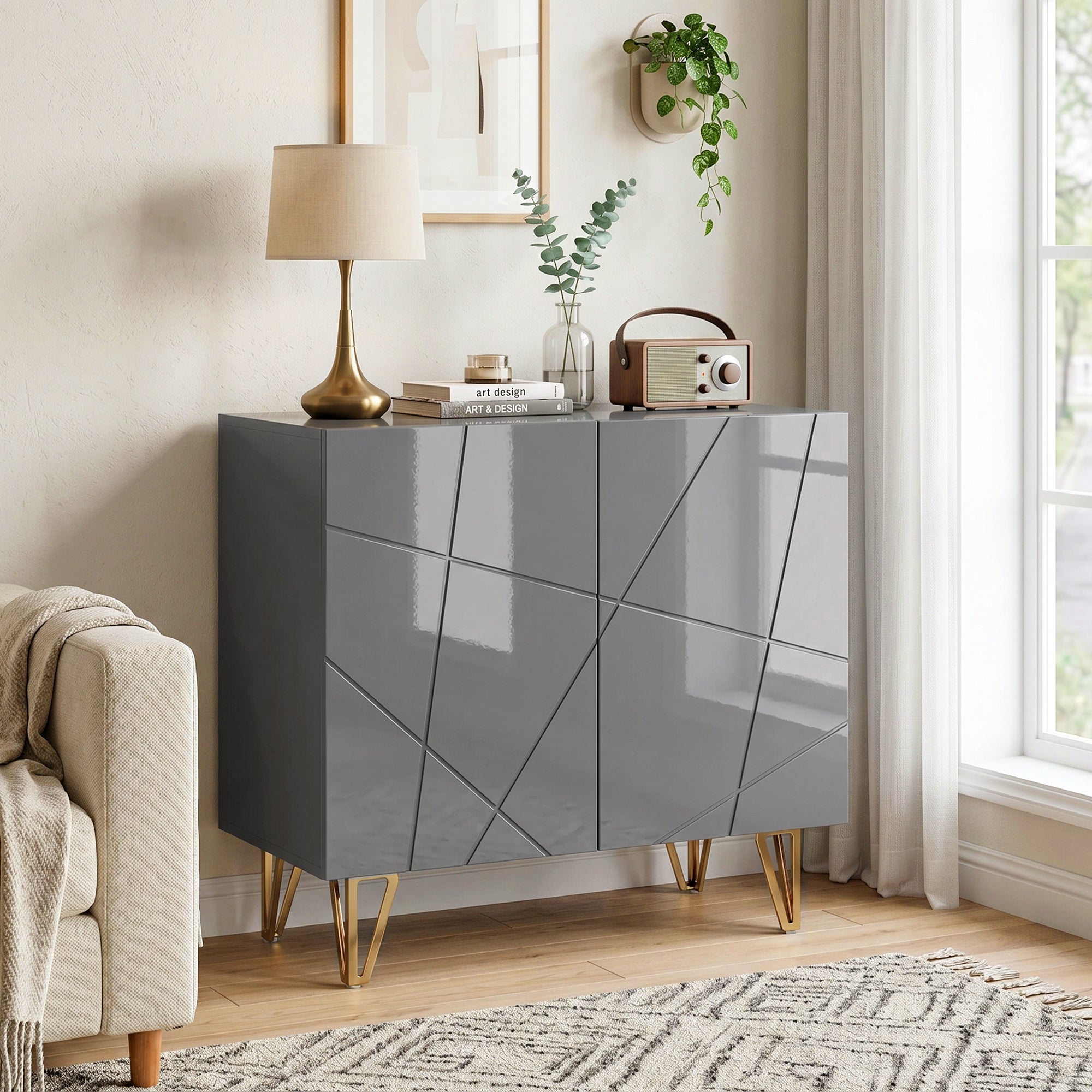 Storage Cabinet with High Gloss, Freestanding Sideboard with Adjustable Shelf, Soft-Close Doors and Gold Tone Hairpin Legs for Living Room, Dining Room, Hallway, Grey