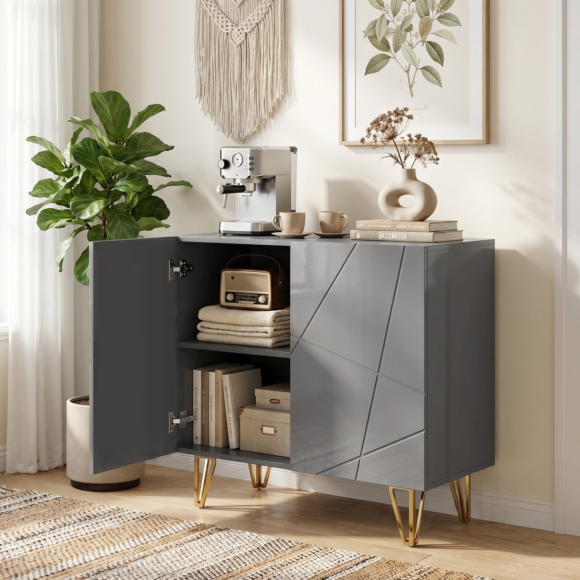 Storage Cabinet with High Gloss, Freestanding Sideboard with Adjustable Shelf, Soft-Close Doors and Gold Tone Hairpin Legs for Living Room, Dining Room, Hallway, Grey