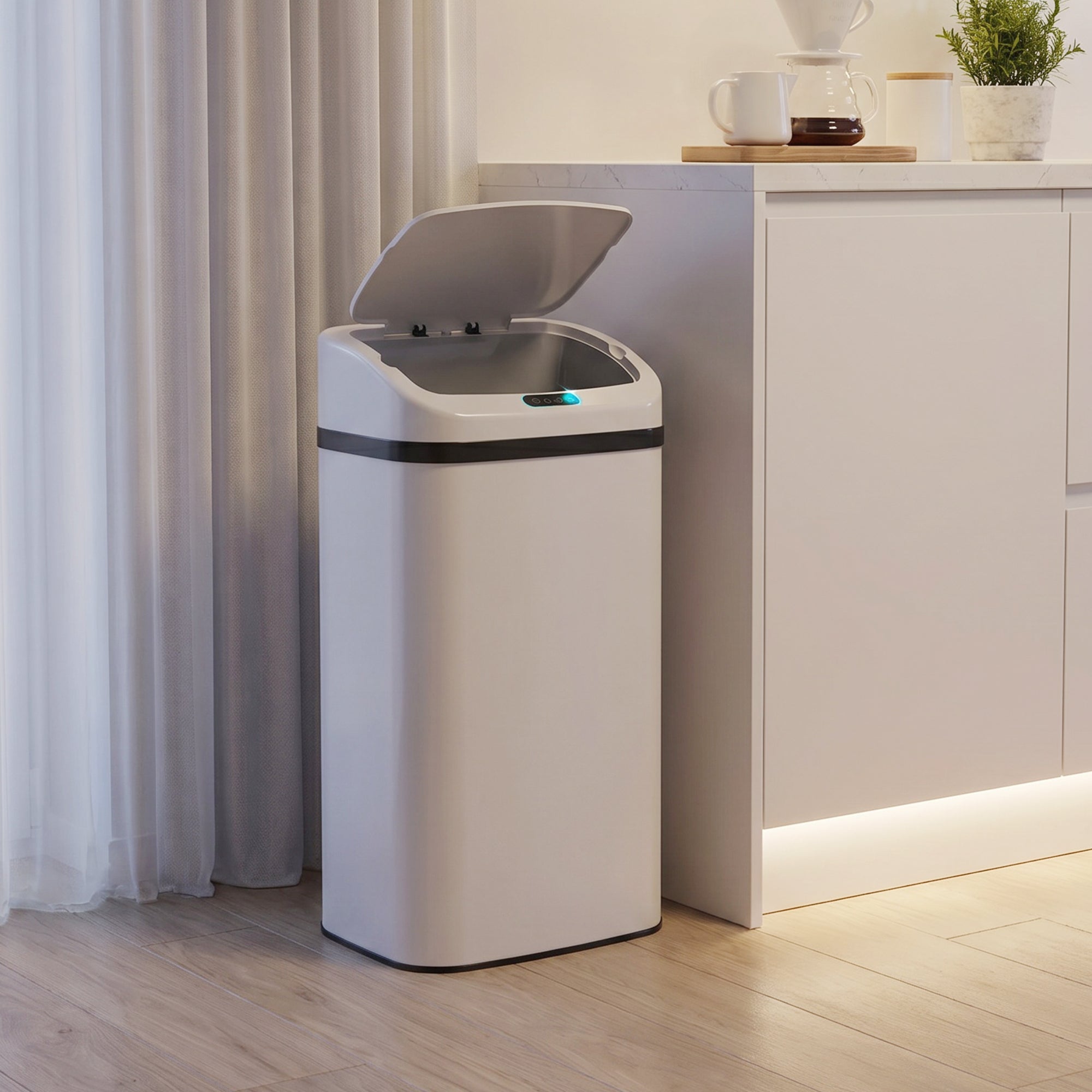 48L Sensor Bin, Stainless Steel Kitchen Bin with Automatic Soft Close Lid and Fingerprint-Proof for Recycling and Waste, White