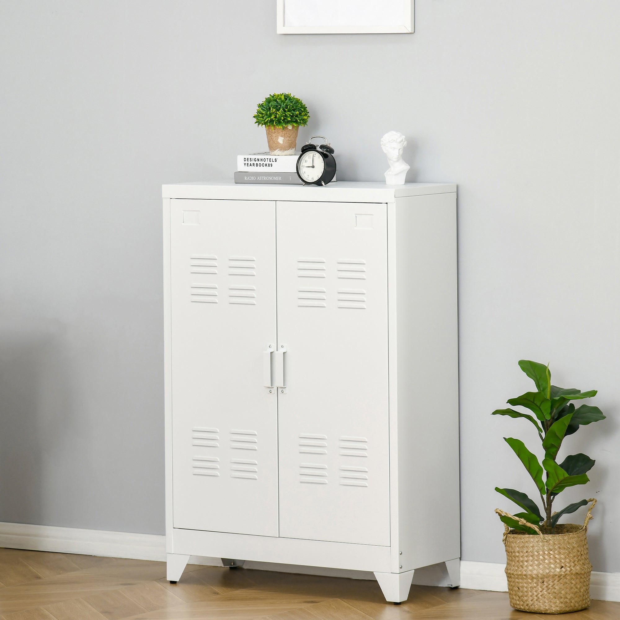 Industrial Storage Cabinet Steel Garage Cabinet with Double Doors and Adjustable Shelves White