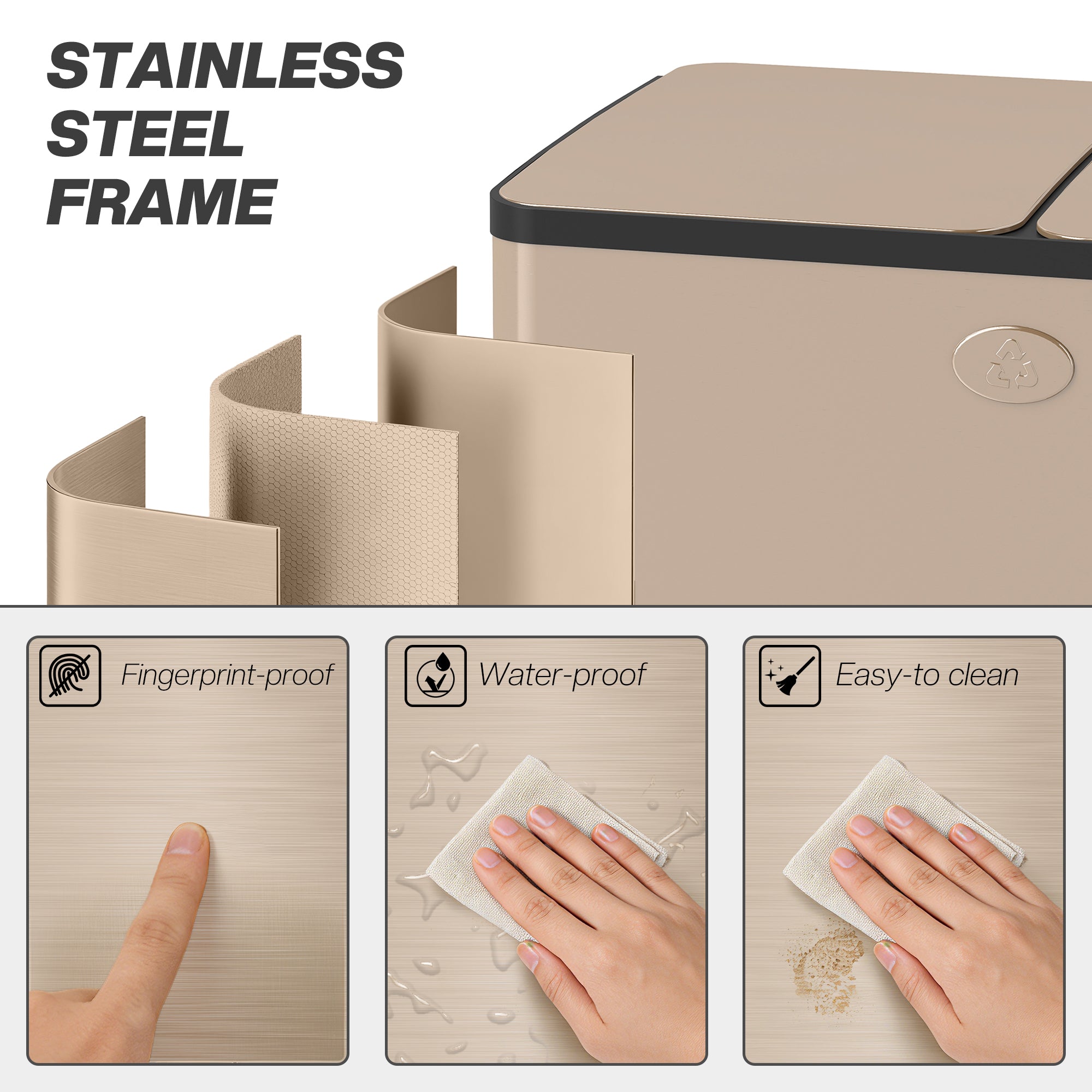 Dual Kitchen Bin, 2 x 15L Stainless Steel Double Rubbish Bin with Soft Close Lid, Removable Inner Buckets, Fingerprint-Proof for Recycling and Waste, Gold Tone