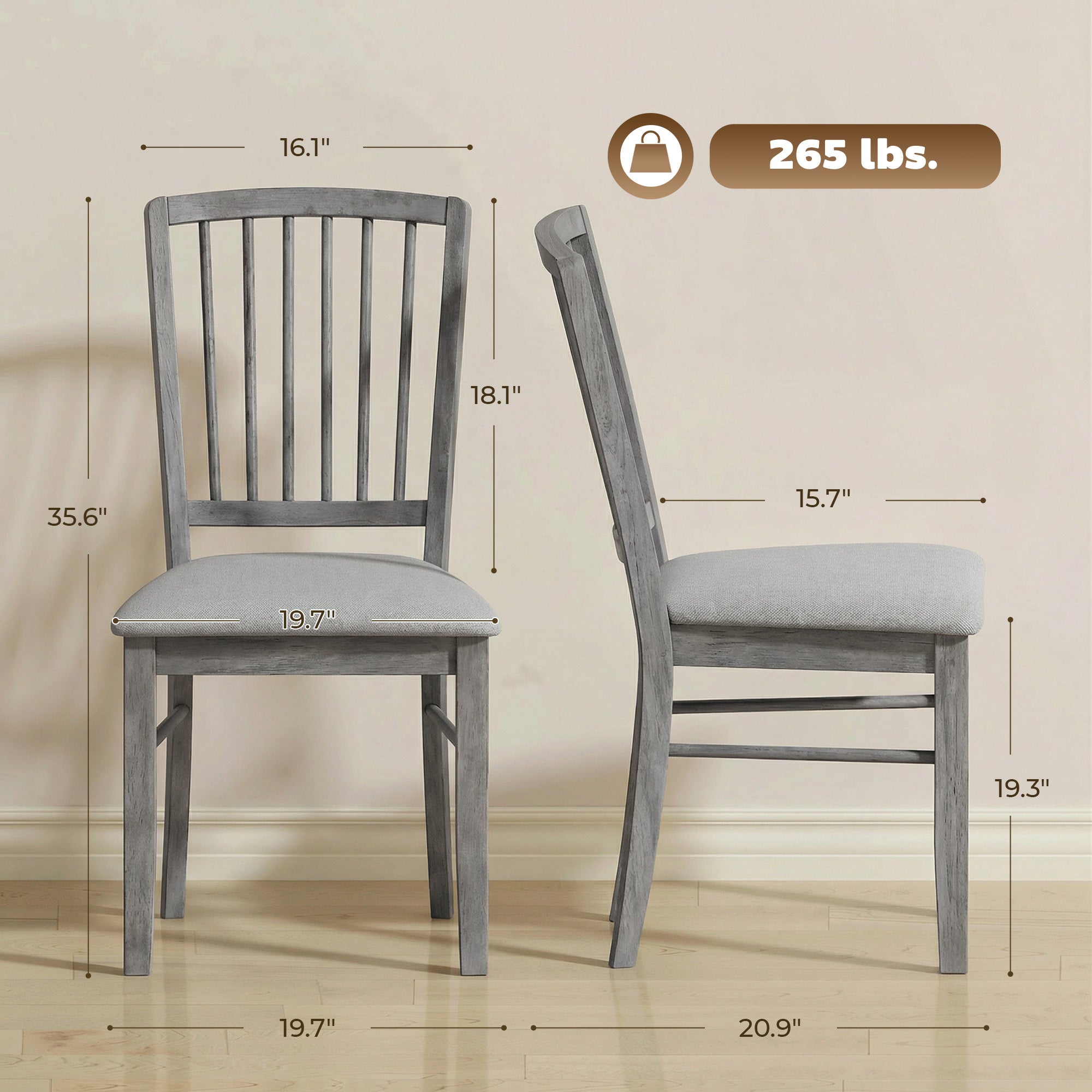 Farmhouse Dining Chairs Set of 2, Upholstered Linen Fabric Kitchen Chairs with Solid Rubberwood Legs for Kitchen, Dining Room, Rustic Gray