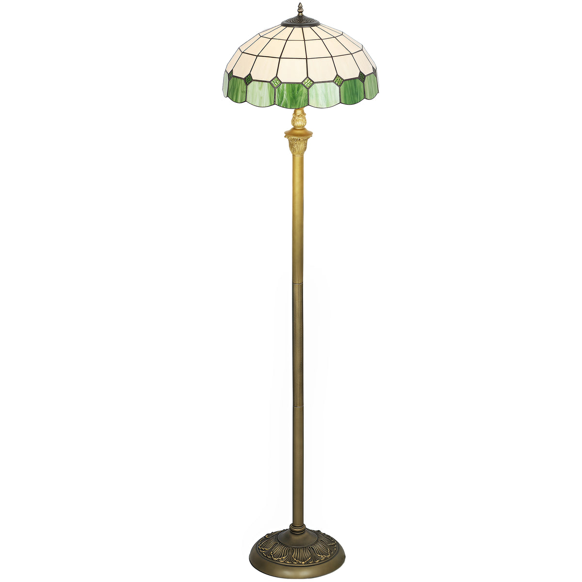 Tiffany-Style Floor Lamp with Handcrafted Stained Glass Shade, 152cm Tall Vintage Standing Lamp with Foot Switch and Dual Sockets for Living Room, Bedroom, Bronze Tone and Green