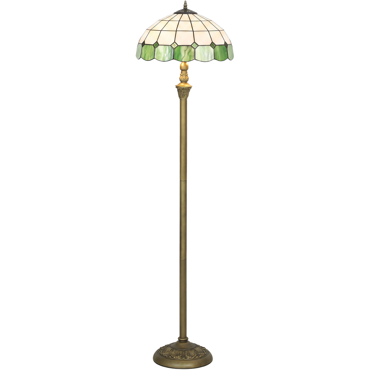 Tiffany-Style Floor Lamp with Handcrafted Stained Glass Shade, 152cm Tall Vintage Standing Lamp with Foot Switch and Dual Sockets for Living Room, Bedroom, Bronze Tone and Green
