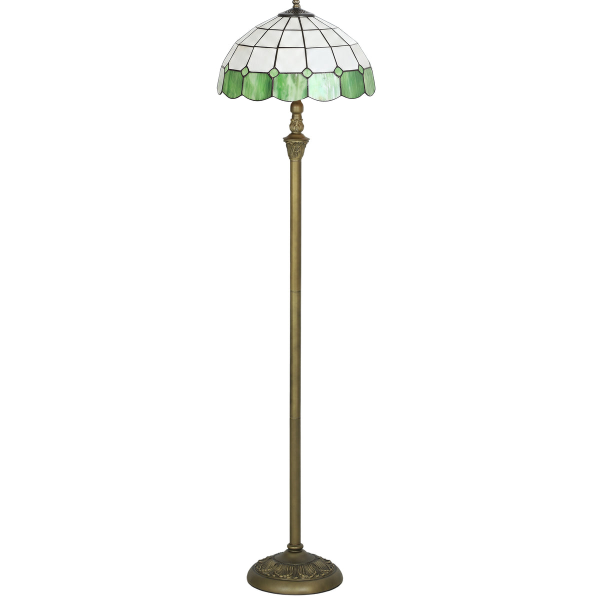 Tiffany-Style Floor Lamp with Handcrafted Stained Glass Shade, 152cm Tall Vintage Standing Lamp with Foot Switch and Dual Sockets for Living Room, Bedroom, Bronze Tone and Green
