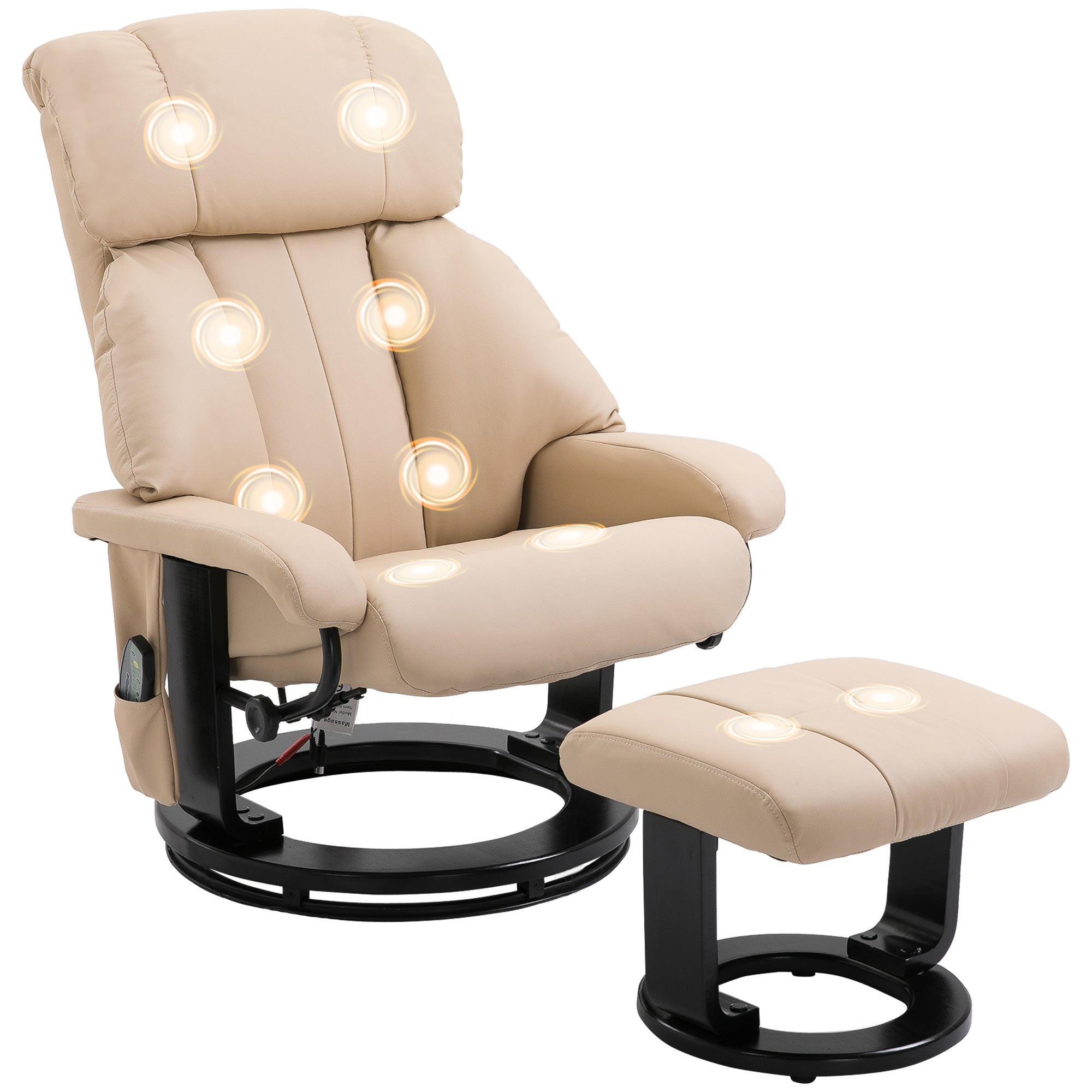 Massage Recliner Chair with Ottoman, 360° Swivel Recliner and Footstool, 10-Point Vibration, PU Leather Reclining Chair with Remote Control, Beige