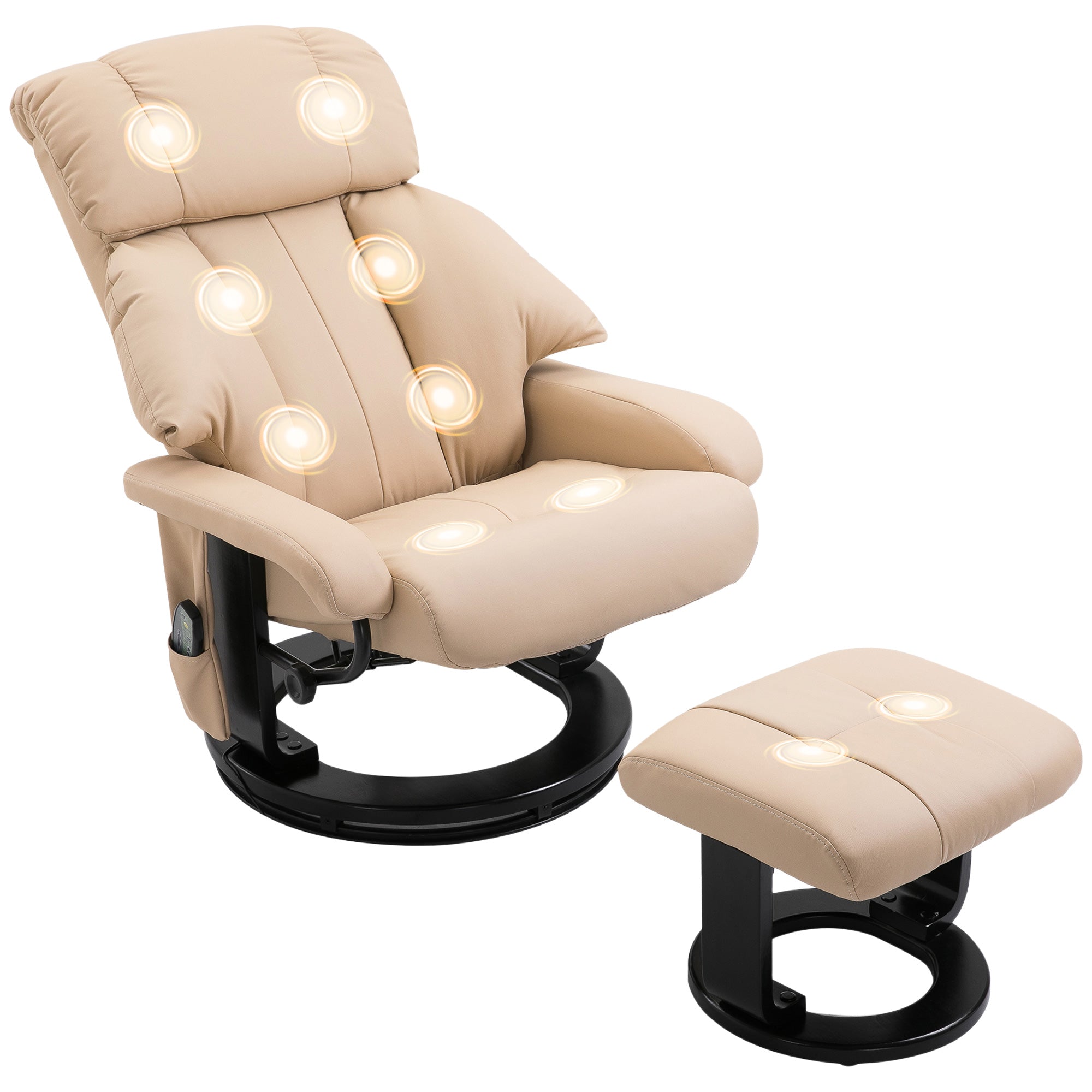 Massage Recliner Chair with Ottoman, 360° Swivel Recliner and Footstool, 10-Point Vibration, PU Leather Reclining Chair with Remote Control, Beige