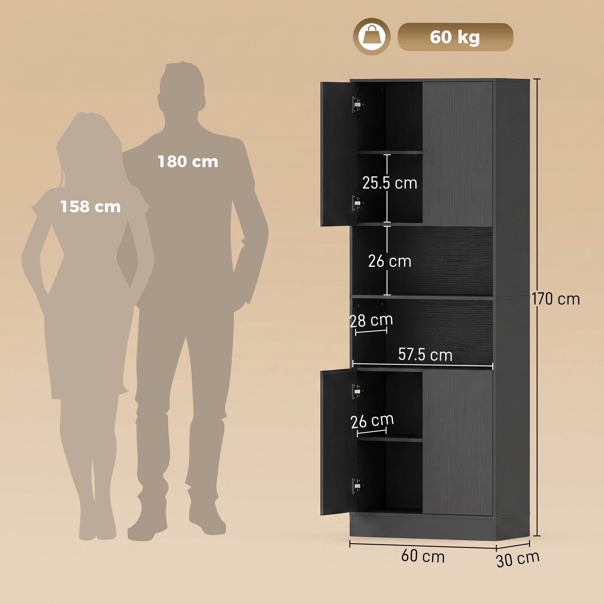 170 cm Tall Kitchen Cupboard, Pantry Storage Cabinet with Soft-Close Hinges, Freestanding Kitchen Cabinet with 2 Cupboards, 2 Open Shelves and Adjustable Shelves, Black Wood Effect
