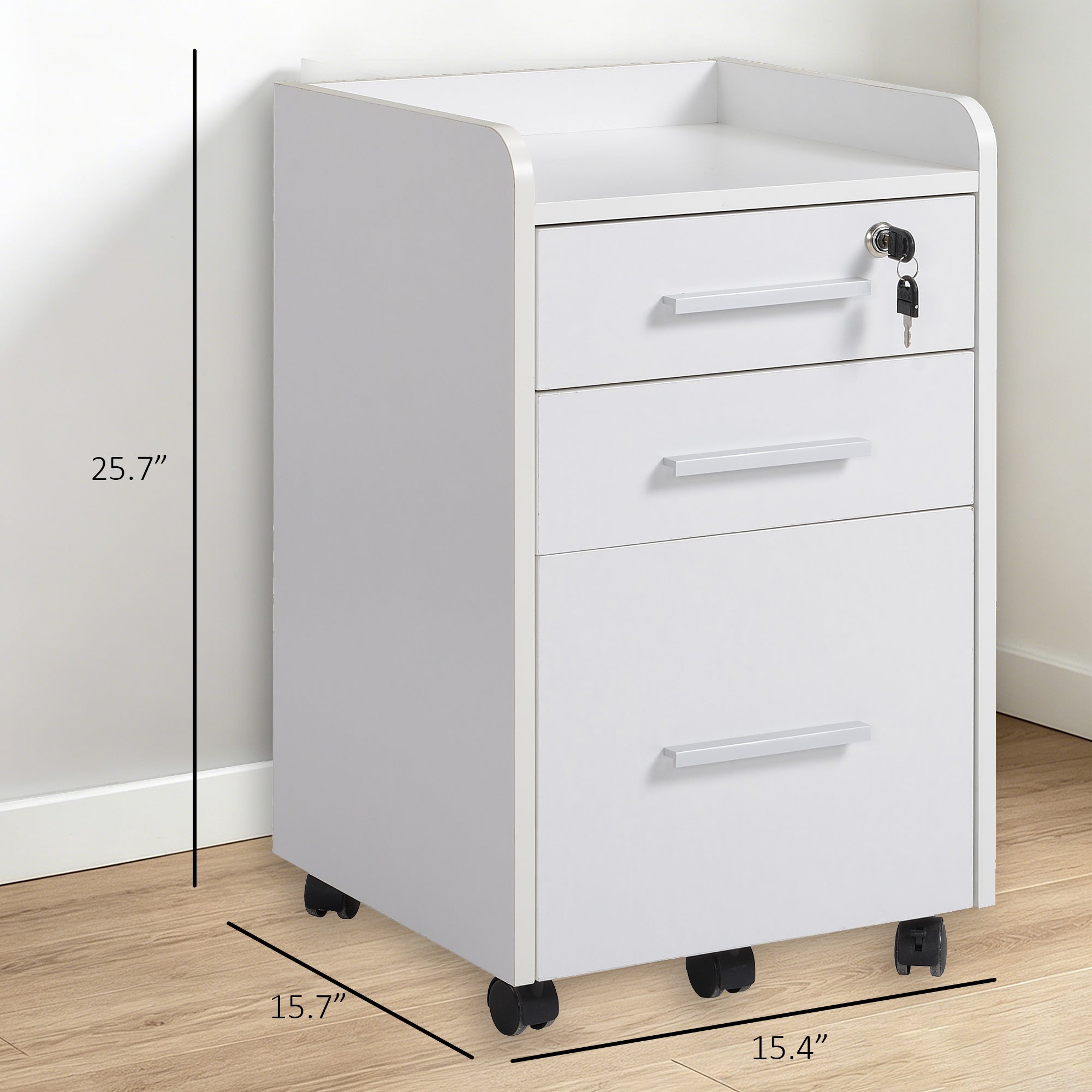 3 Drawer Vertical File Cabinet with Lock and Edged Top, Rolling Printer Stand with Hanging Rails for for A4/Letter/Legal Files, Filing Cabinet for Home Office, 15.4" x 15.7" x 25.7", White