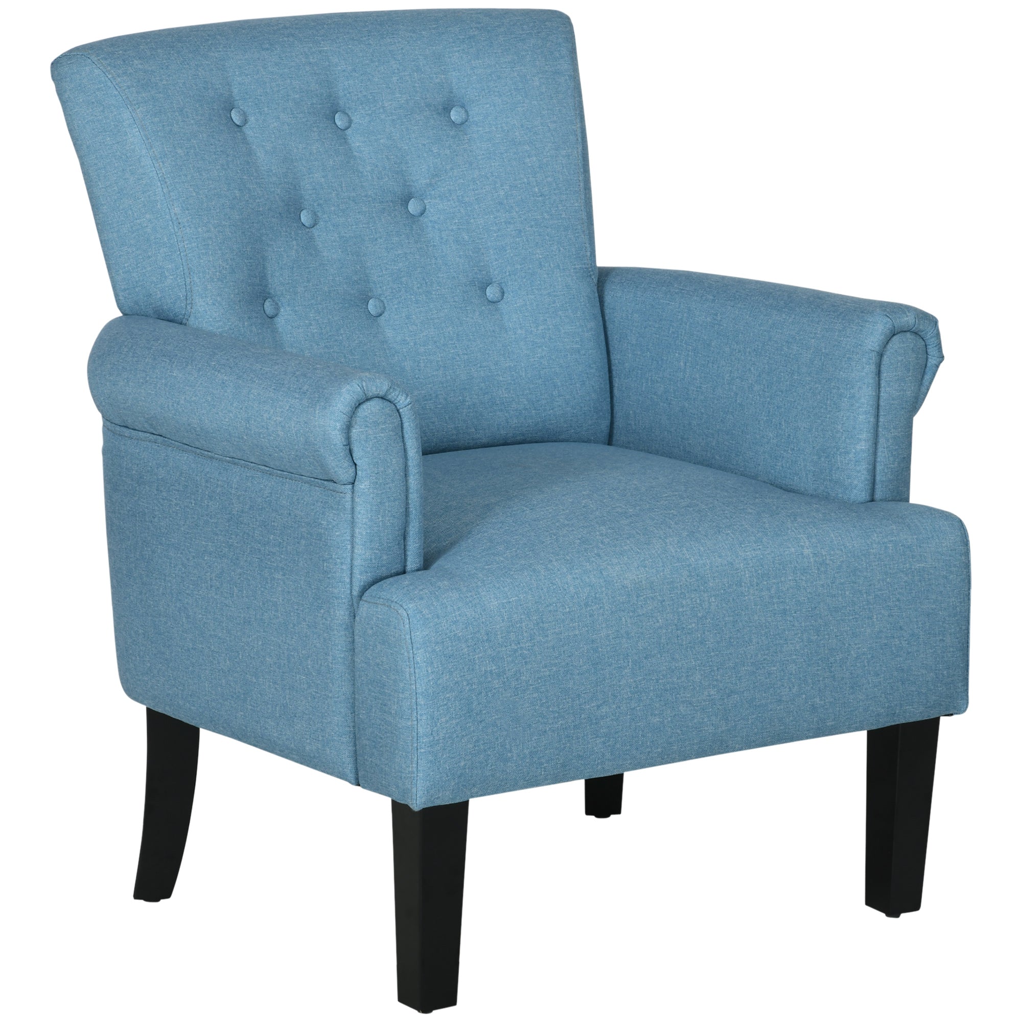 HOMCOM Fabric Accent Chair, Tufted Armchair, Modern Living Room Chair with Wood Legs, Rolled Arms, Thick Padding for Bedroom, Blue