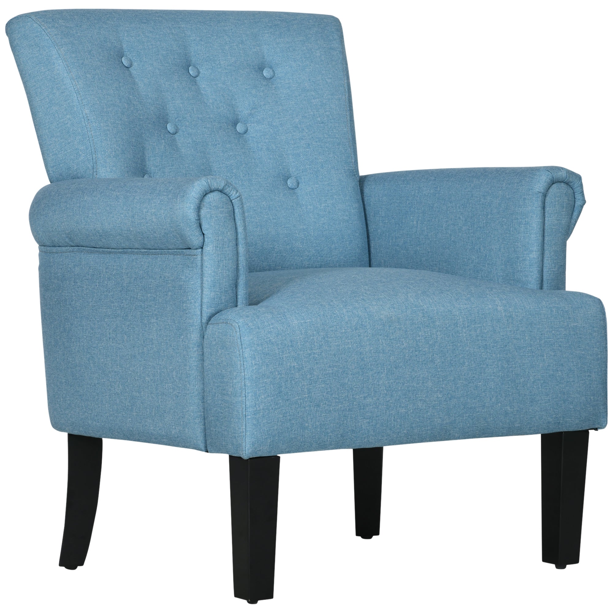 HOMCOM Fabric Accent Chair, Tufted Armchair, Modern Living Room Chair with Wood Legs, Rolled Arms, Thick Padding for Bedroom, Blue