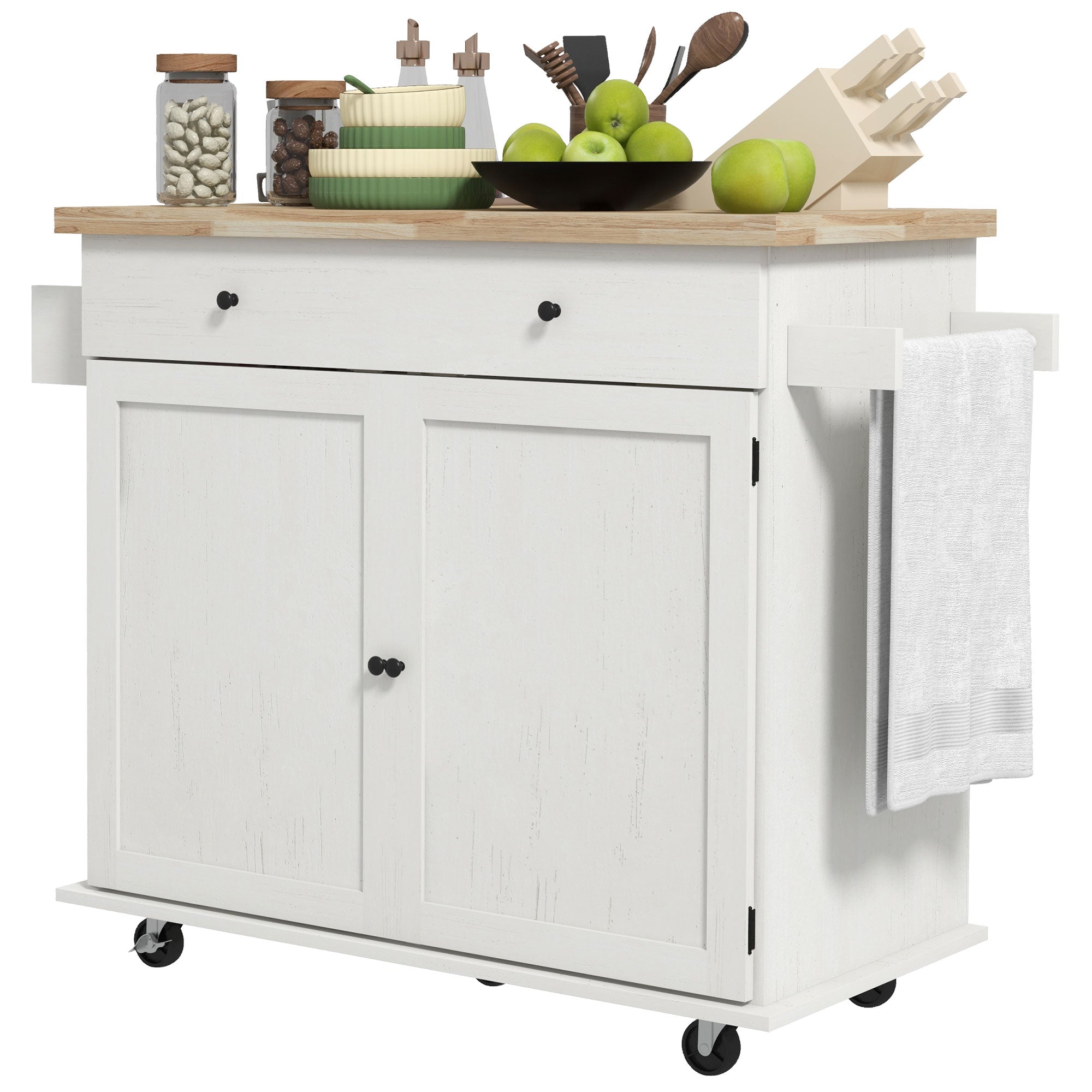 Farmhouse Rolling Island with Wheels for Kitchen Wood Breakfast Bar on Rollers Drawer and Doors White