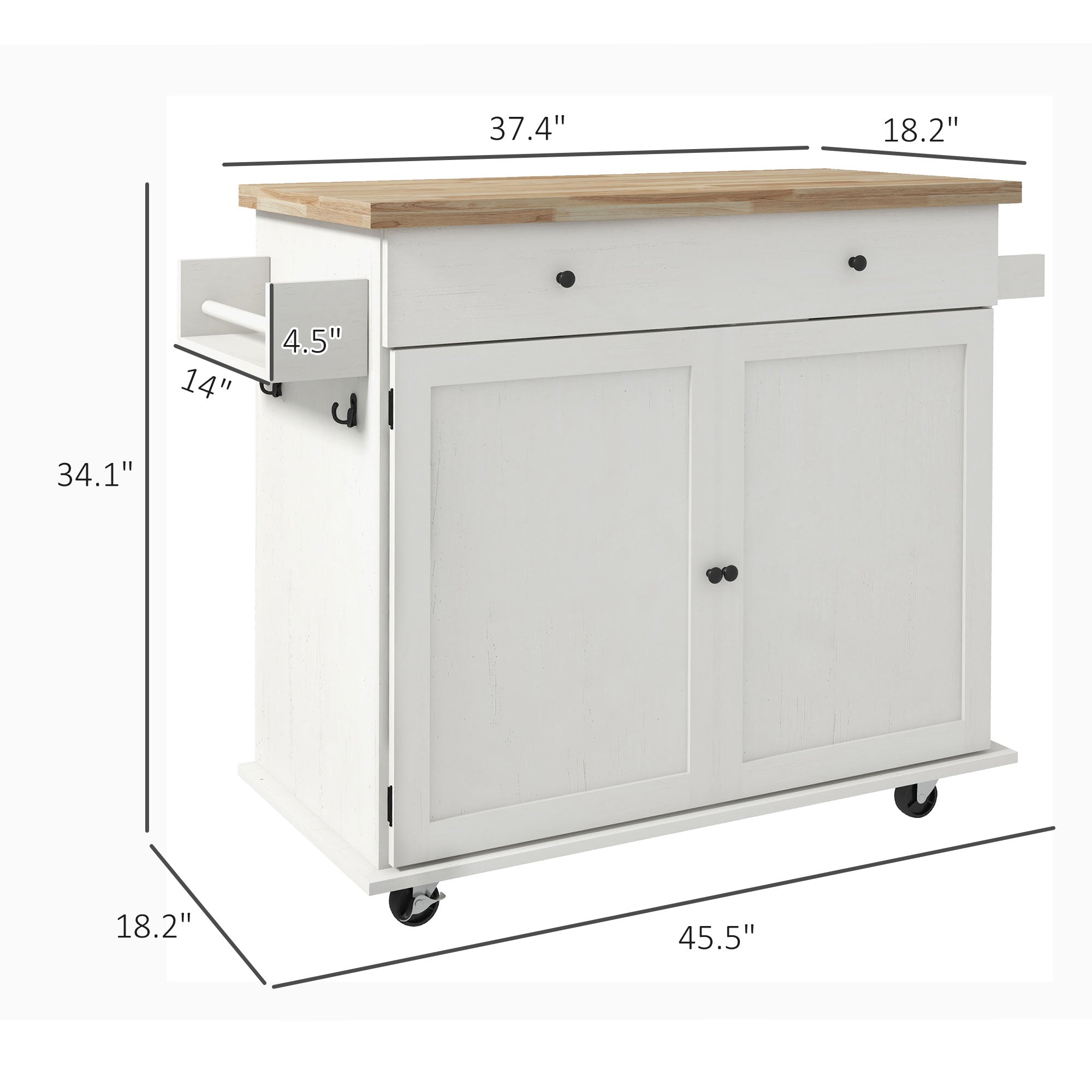 Farmhouse Rolling Island with Wheels for Kitchen Wood Breakfast Bar on Rollers Drawer and Doors White