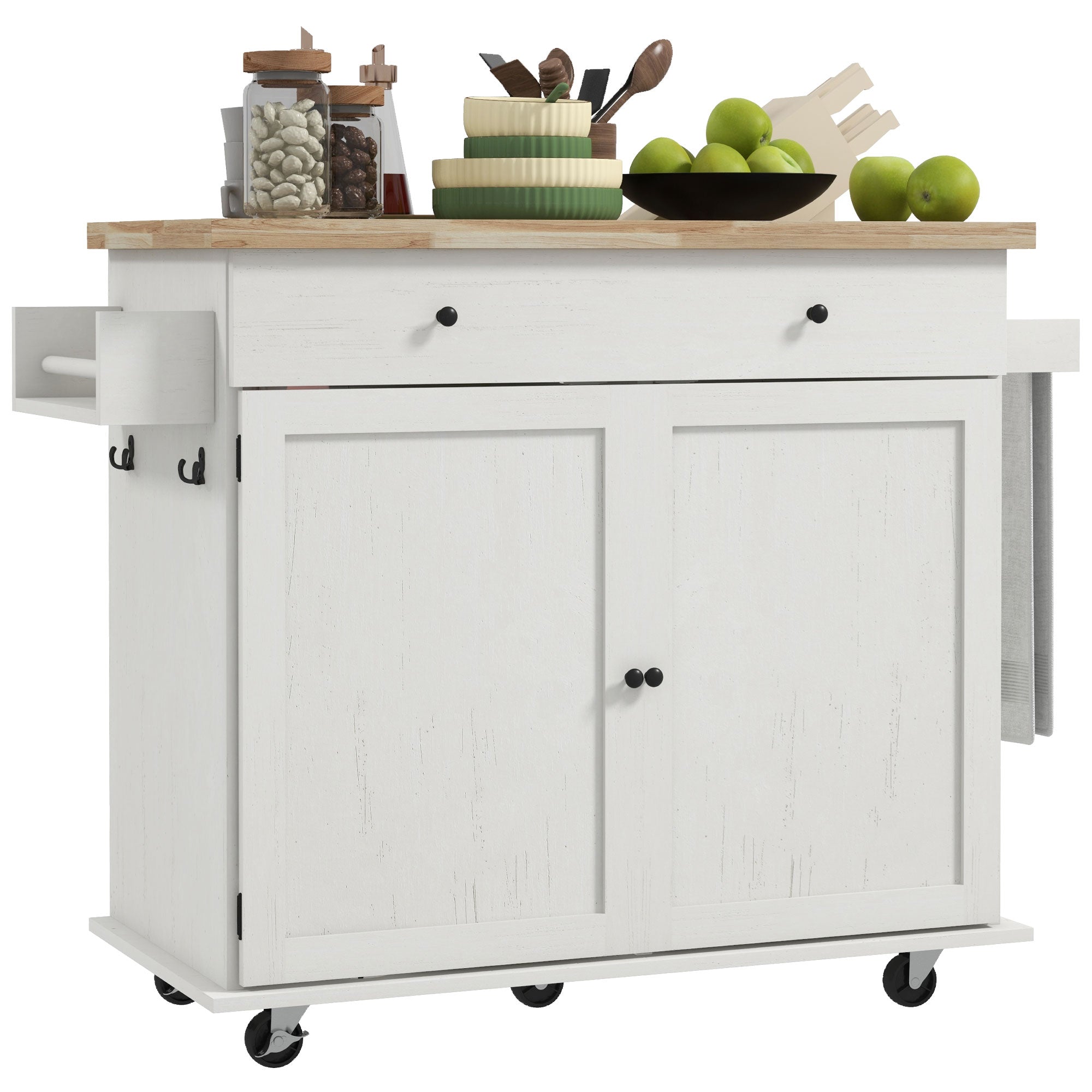 Farmhouse Rolling Island with Wheels for Kitchen Wood Breakfast Bar on Rollers Drawer and Doors White