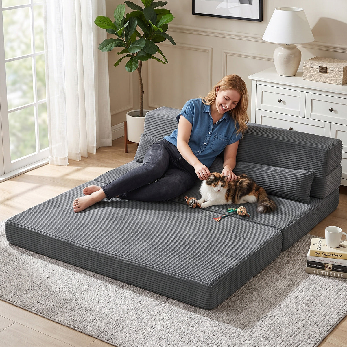 54" Folding Sofa Bed, Boneless Cloud Corduroy Sleeper Floor Chair, Floor Sofa with Back Support, Thick Cushion, Lumbar Pillow, Side Pockets for Living Room, Dark Grey
