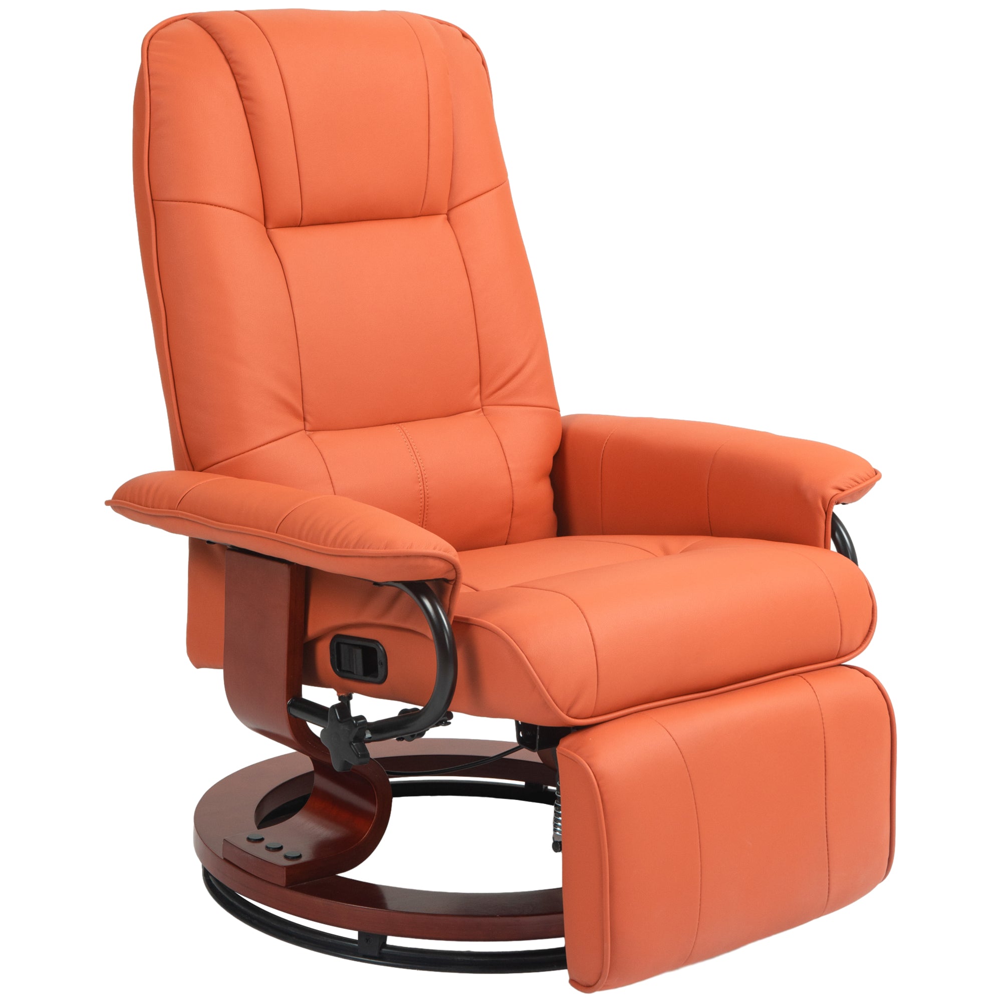 Faux Leather Recliner Chair, Swivel Recliner with Footrest, Armrest and Wood Base for Living Room, Orange