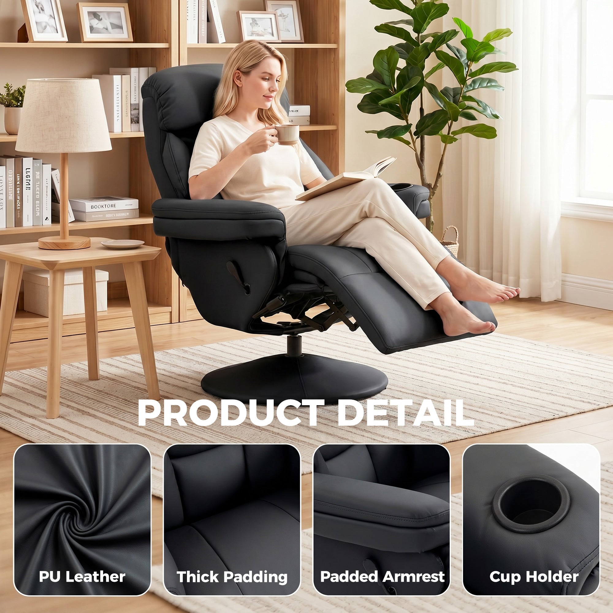 Manual Recliner Chair with Footrest, Upholstered Reclining Armchair with Adjustable Backrest and Cup Holder, PU Leather Swivel Chair for Living Room, Bedroom, Black