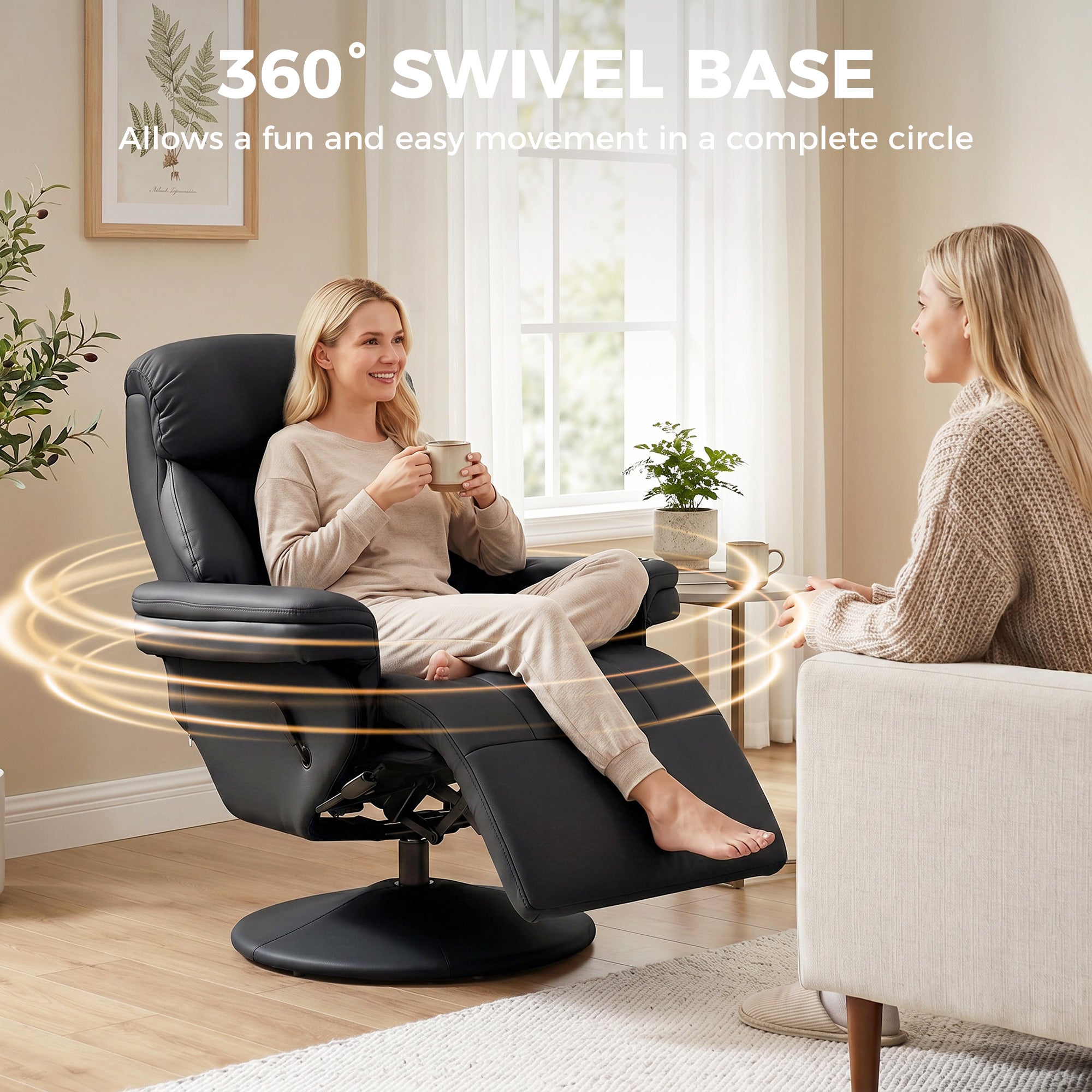 Manual Recliner Chair with Footrest, Upholstered Reclining Armchair with Adjustable Backrest and Cup Holder, PU Leather Swivel Chair for Living Room, Bedroom, Black