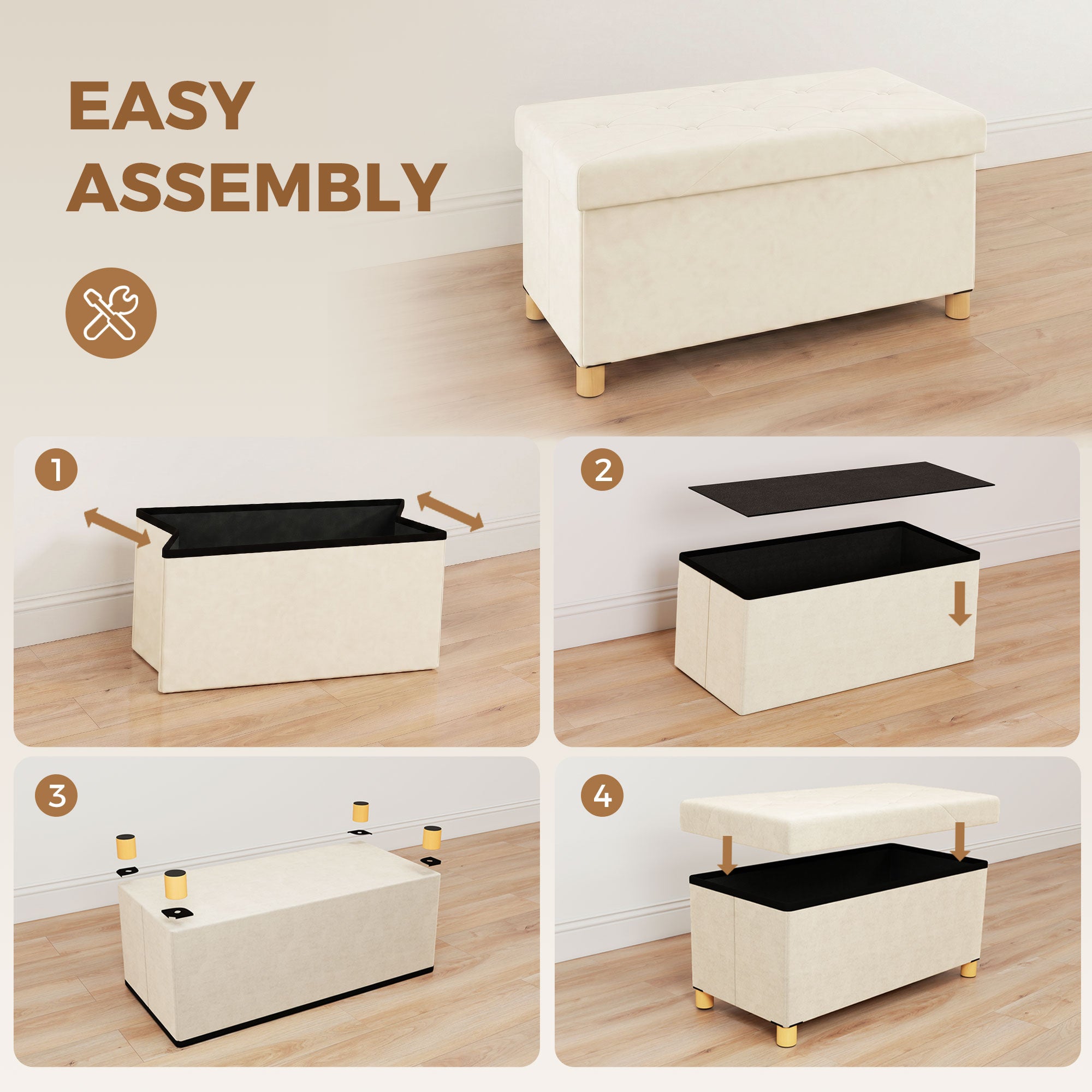Storage Ottoman Bench, Velvet Upholstered Foldable Ottoman Footrest, Foot Stool with Wood Legs for Living Room, Bedroom, Entryway, Cream White