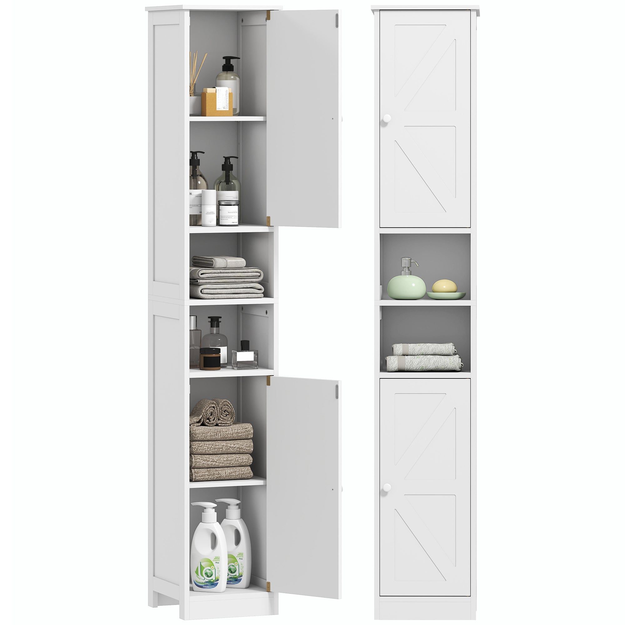 Narrow Tall Bathroom Storage Cabinet, 70" Slim Freestanding Bathroom Cabinet with Adjustable Shelves, Open Shelves and Barn Doors for Small Spaces, White