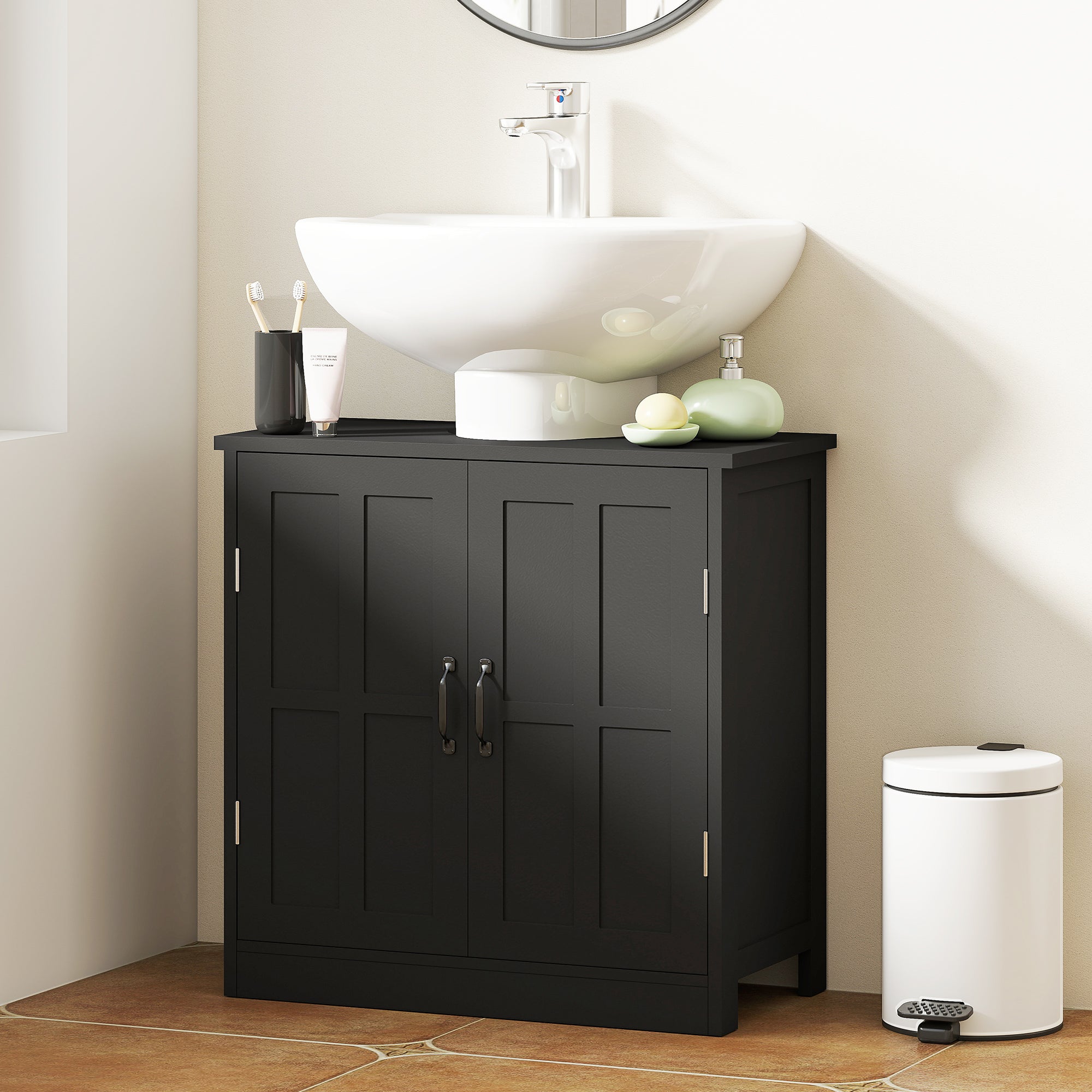Pedestal Under Sink Cabinet, Bathroom Vanity Cabinet Storage with Double Doors and Adjustable Shelf, Black