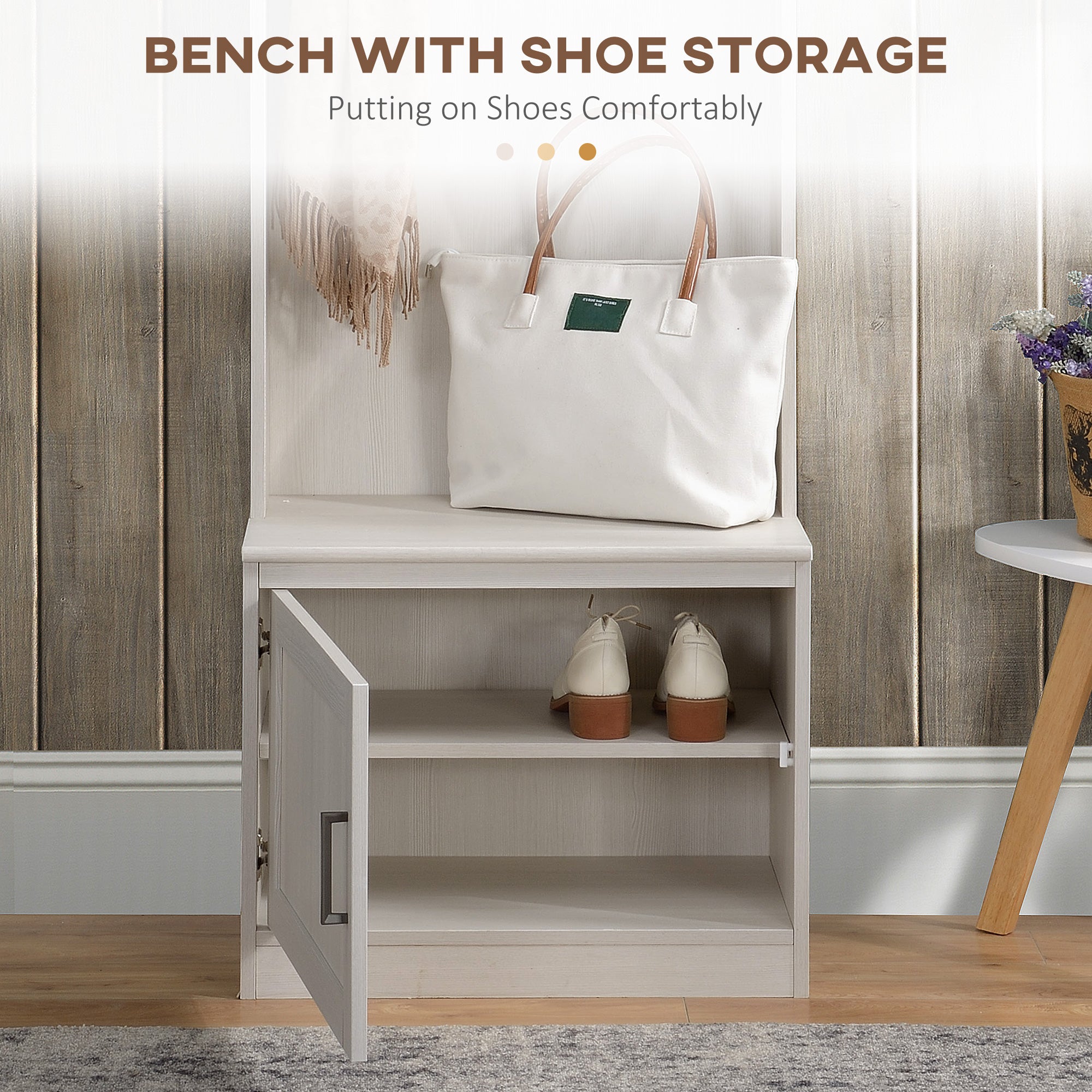 Narrow Hall Tree with Shoe Storage Bench Rustic Entryway Bench with Coat Rack White Wood Grain