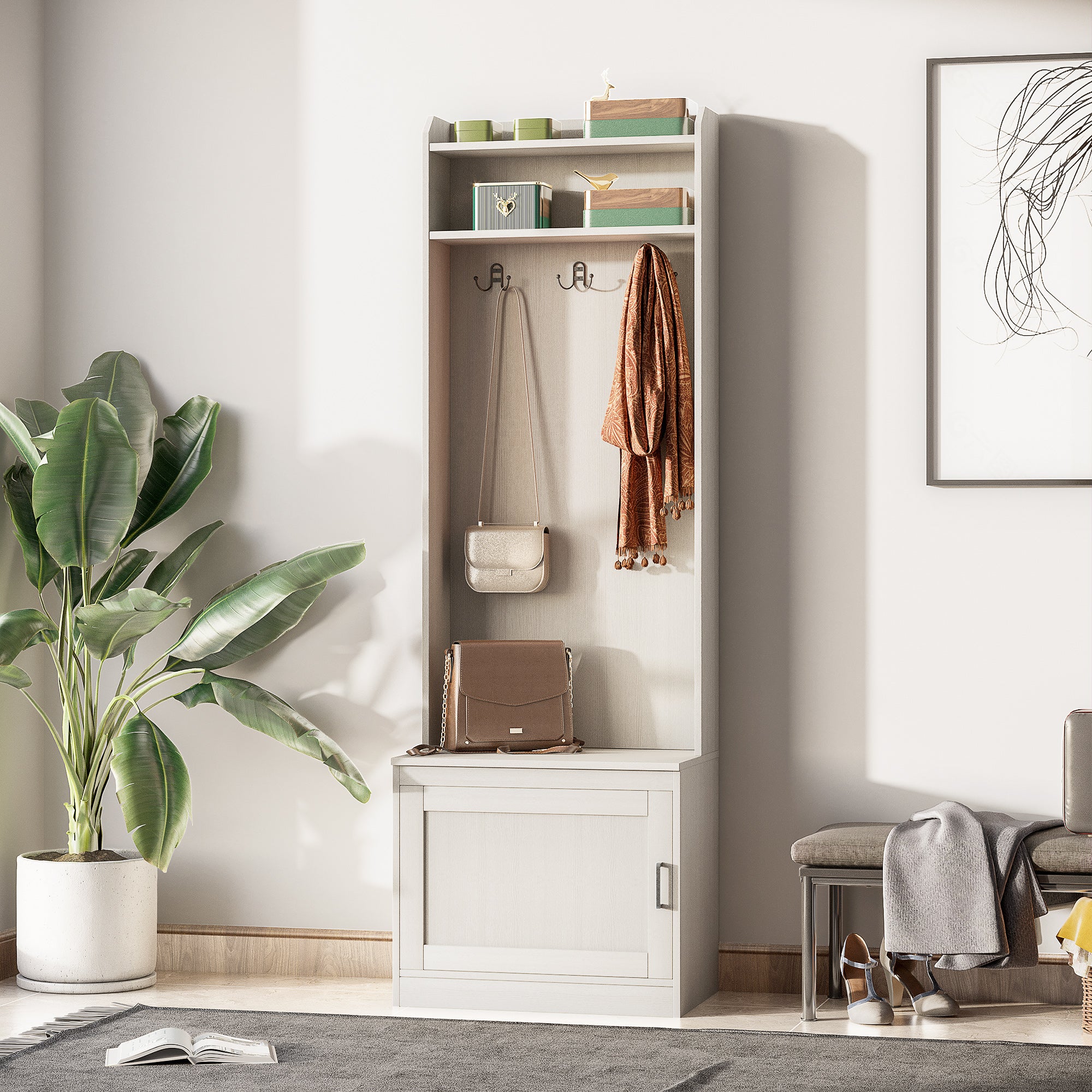 Narrow Hall Tree with Shoe Storage Bench Rustic Entryway Bench with Coat Rack White Wood Grain