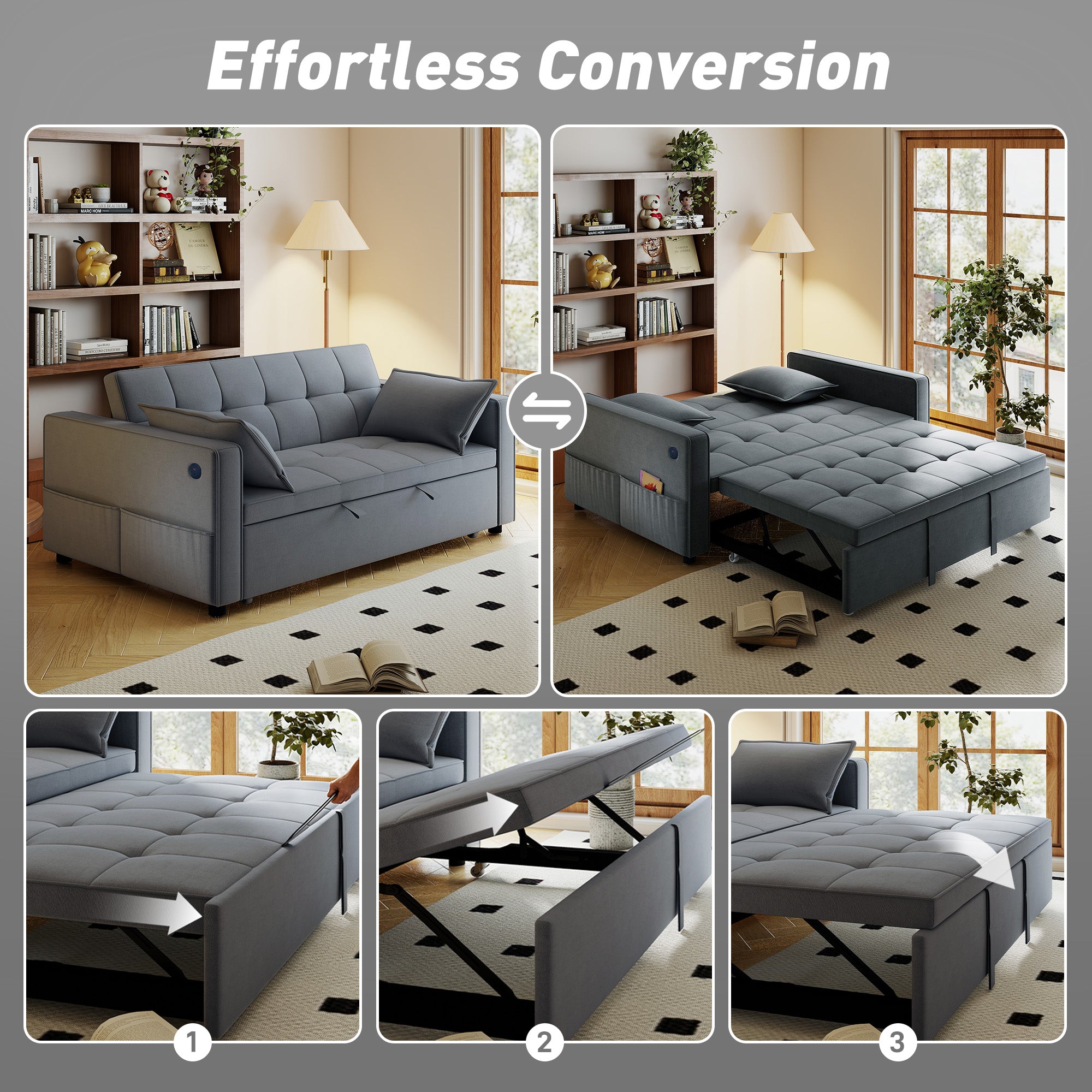 3‑in‑1 Convertible Sofa Bed, Pull Out Sleeper Sofa with USB Charging, Adjustable Backrest, Side Pockets, Sleeper Couch for Living Room, Small Space, Apartment, Dark Grey
