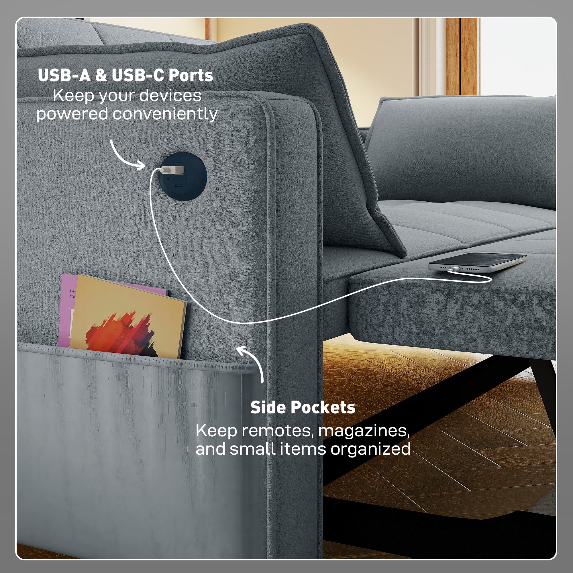 3‑in‑1 Convertible Sofa Bed, Pull Out Sleeper Sofa with USB Charging, Adjustable Backrest, Side Pockets, Sleeper Couch for Living Room, Small Space, Apartment, Dark Grey