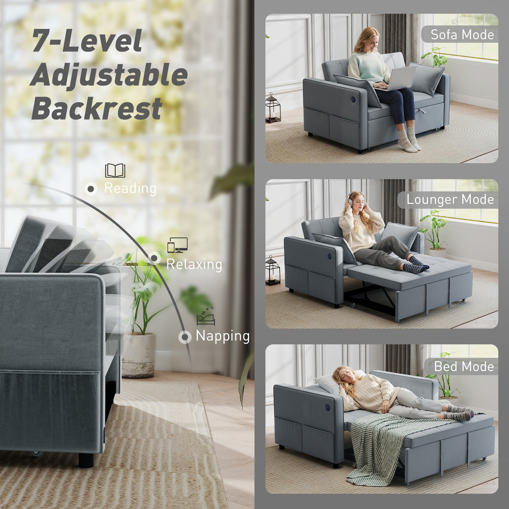 3‑in‑1 Convertible Sofa Bed, Pull Out Sleeper Sofa with USB Charging, Adjustable Backrest, Side Pockets, Sleeper Couch for Living Room, Small Space, Apartment, Dark Grey