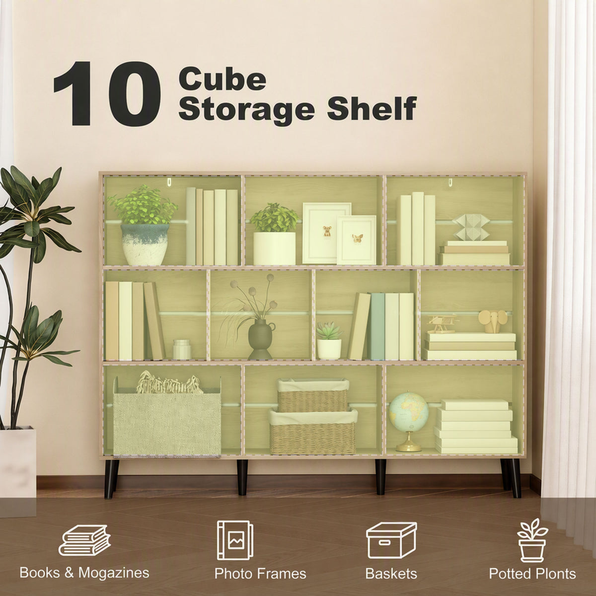 10-Cube Bookshelf, 3-Tier Bookcase with Solid Wood Legs, 140 cm Modern Freestanding Book Shelf with Anti-Tip Kit for Bedroom Living Room Study Office, Oak