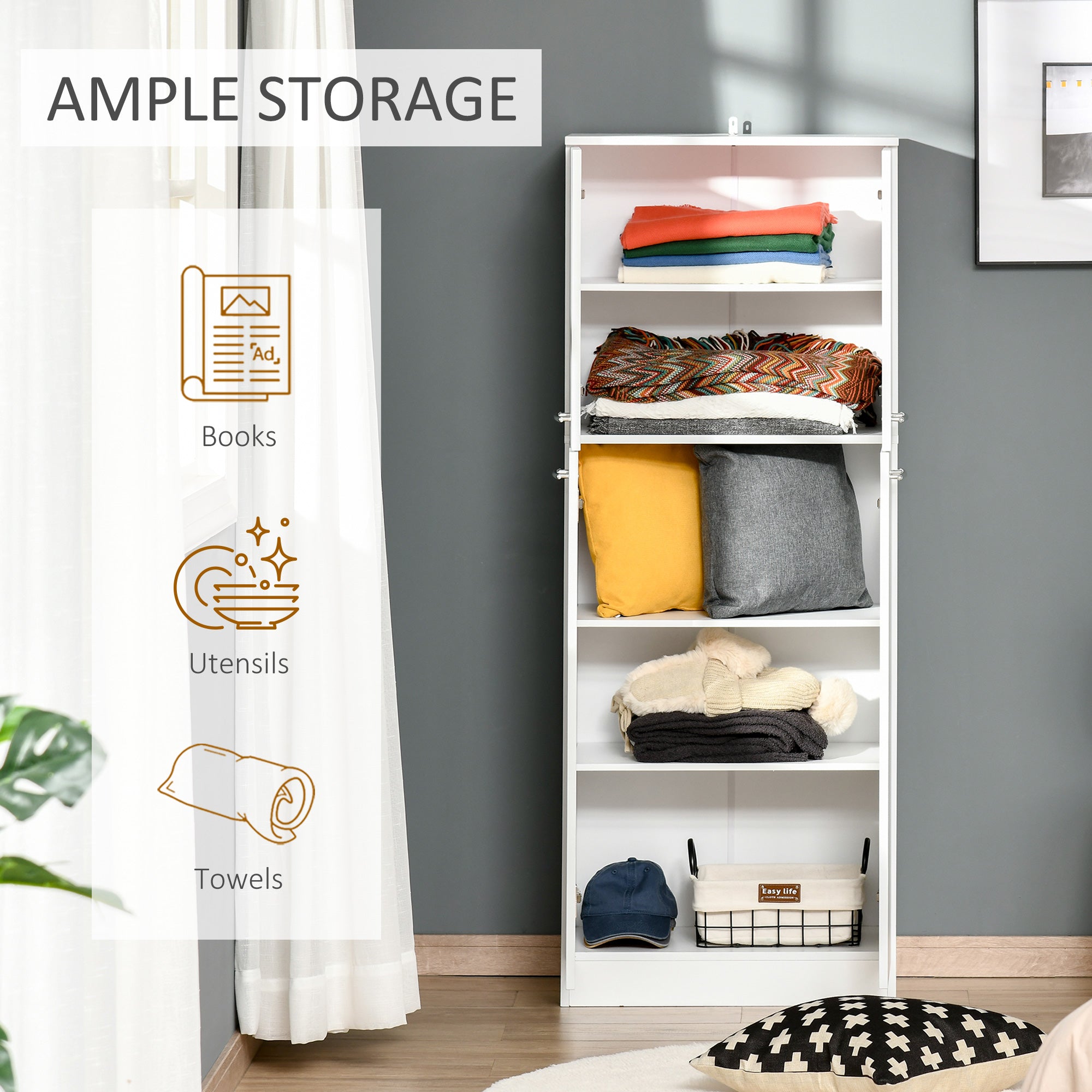 61" Pantry Cabinet, Kitchen Pantry Storage Cabinet with 2 Doors and Adjustable Shelves, Freestanding Storage Cabinet, White