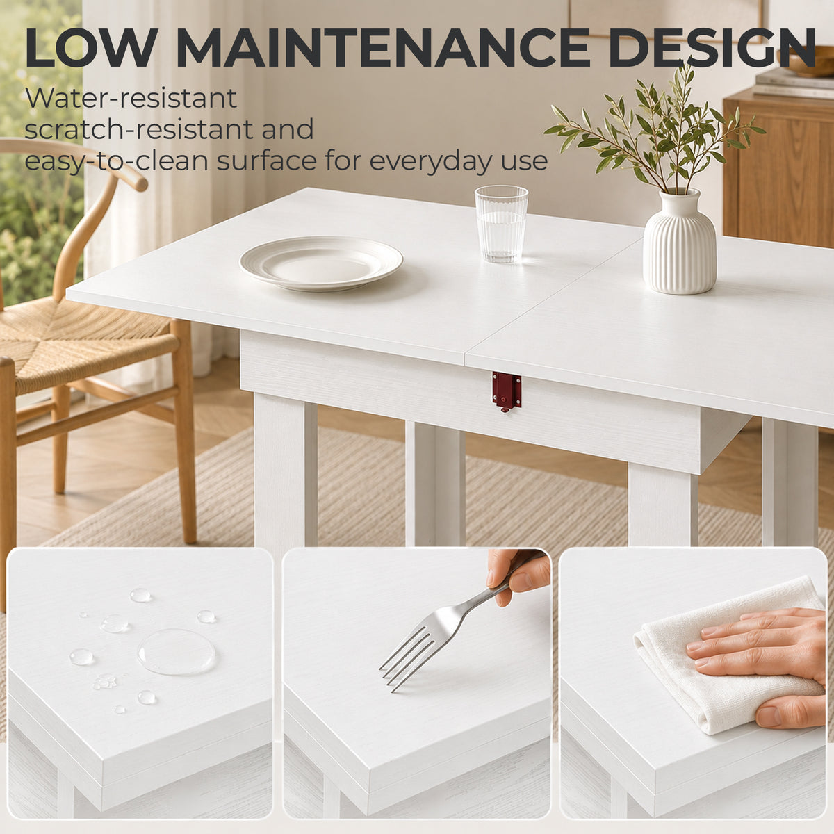 Folding Dining Table for 4 with Under-Table Storage, 70-140 cm Modern Extendable Kitchen Table with Steel Rail, Space-Saving for Kitchen, Dining Room, White