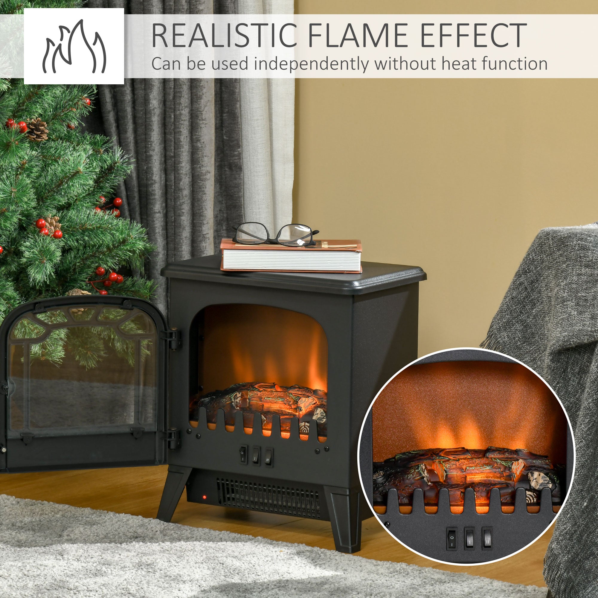 Electric Fireplace Stove, 16" 1500W Portable Freestanding Fireplace Heater with 3D Realistic Flame, Indoor Stove Heater with Overheat Protection, Black
