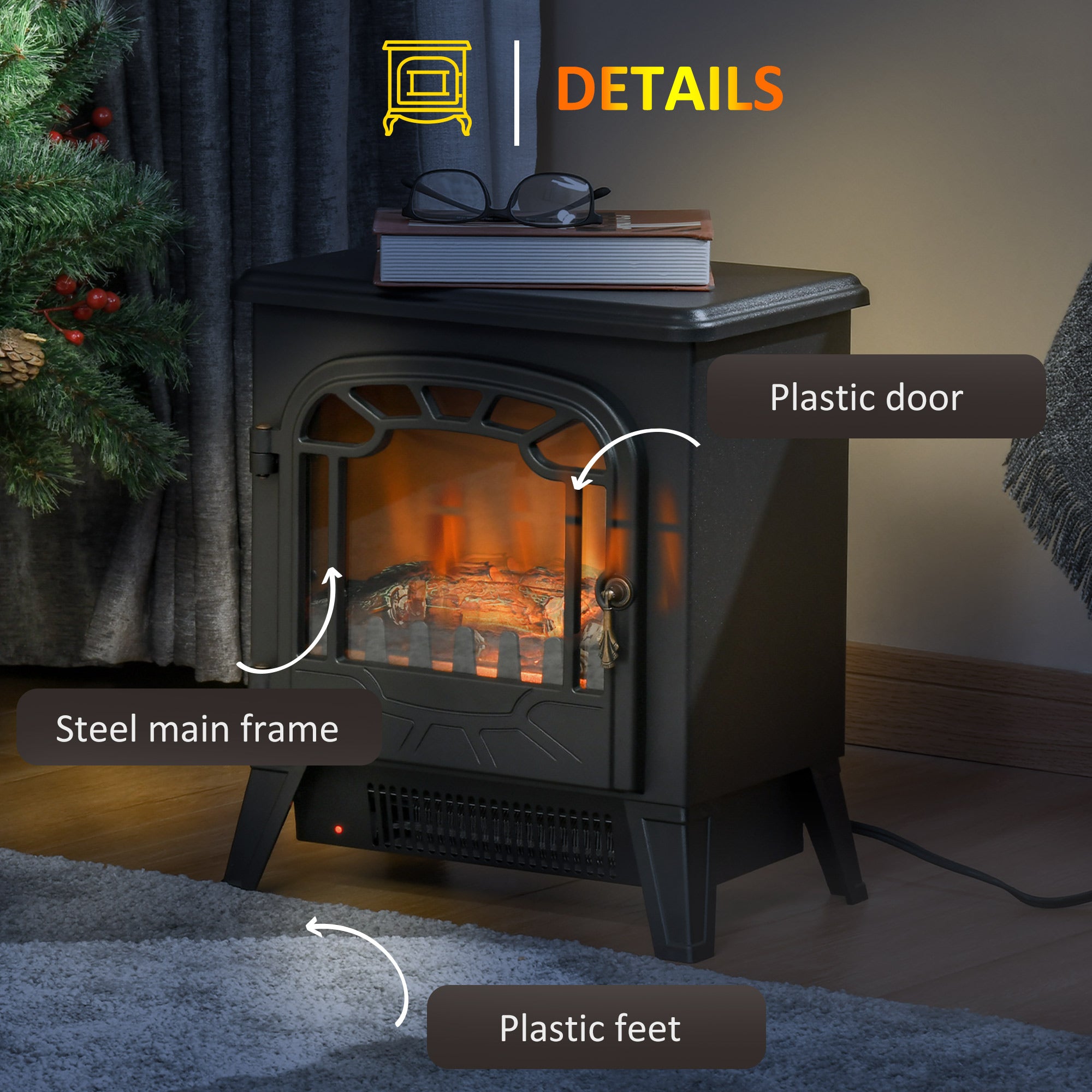 Electric Fireplace Stove, 16" 1500W Portable Freestanding Fireplace Heater with 3D Realistic Flame, Indoor Stove Heater with Overheat Protection, Black