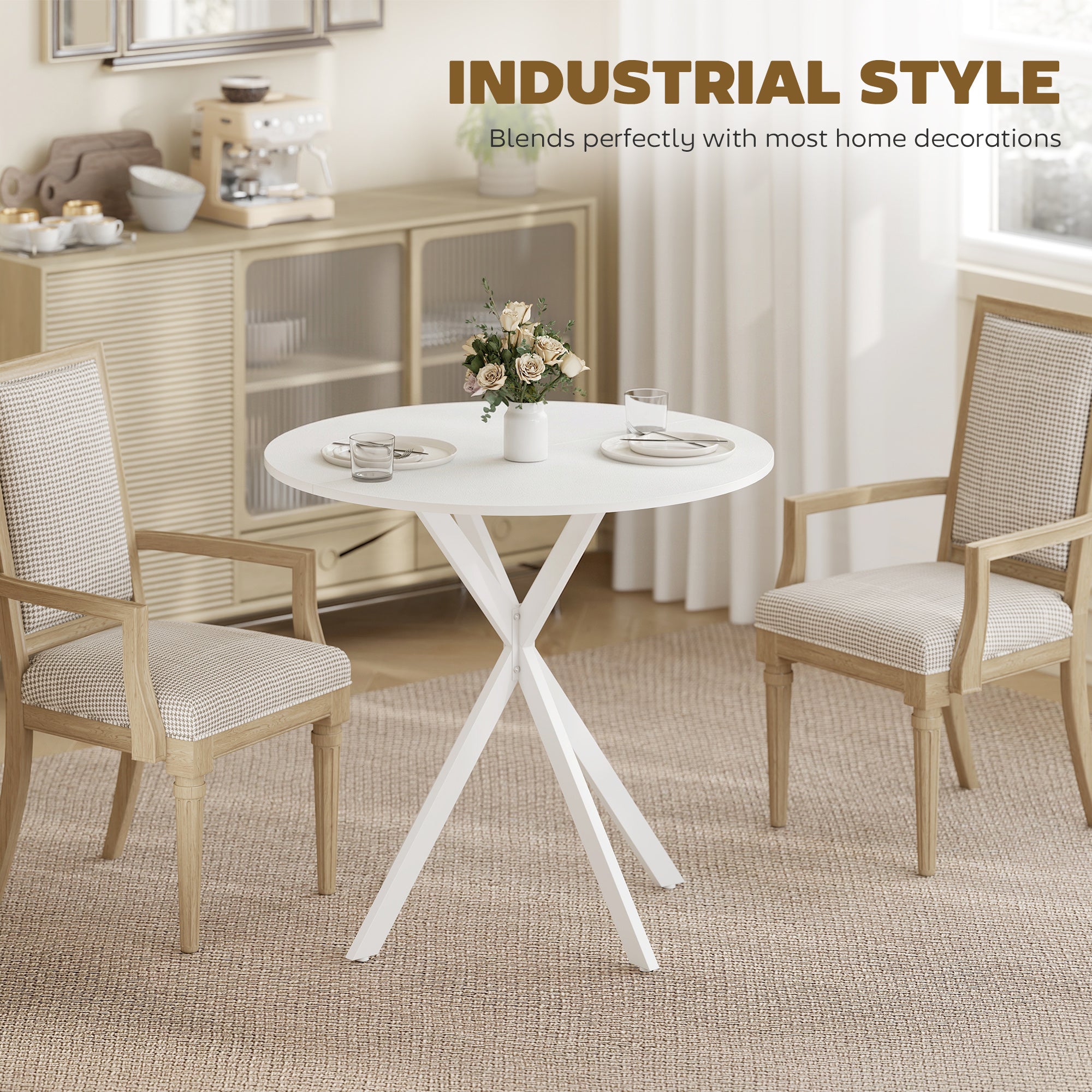 80cm Round Dining Table, Industrial Kitchen Table with Cross Steel Legs for Dining Room, Kitchen, Living Room, White