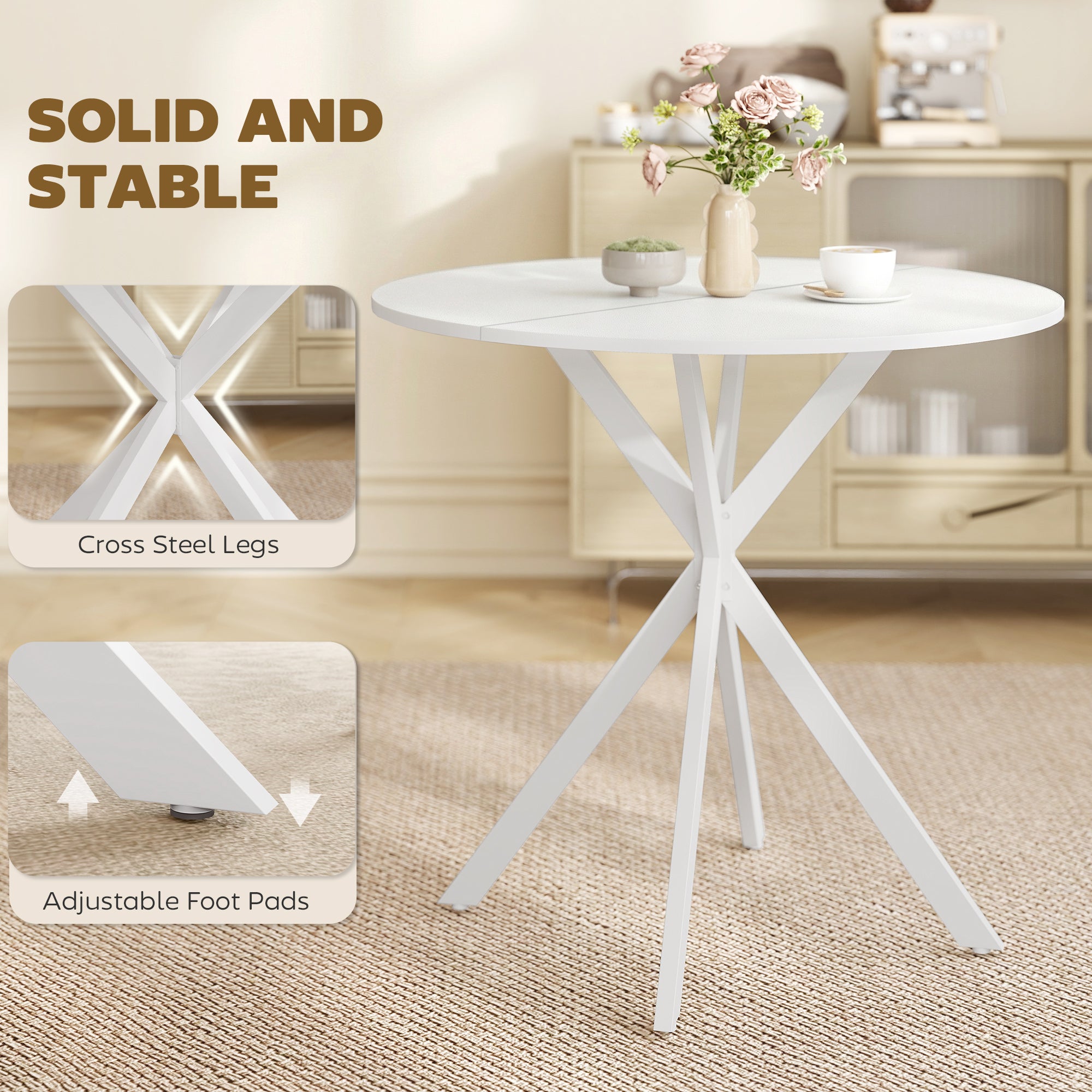 80cm Round Dining Table, Industrial Kitchen Table with Cross Steel Legs for Dining Room, Kitchen, Living Room, White