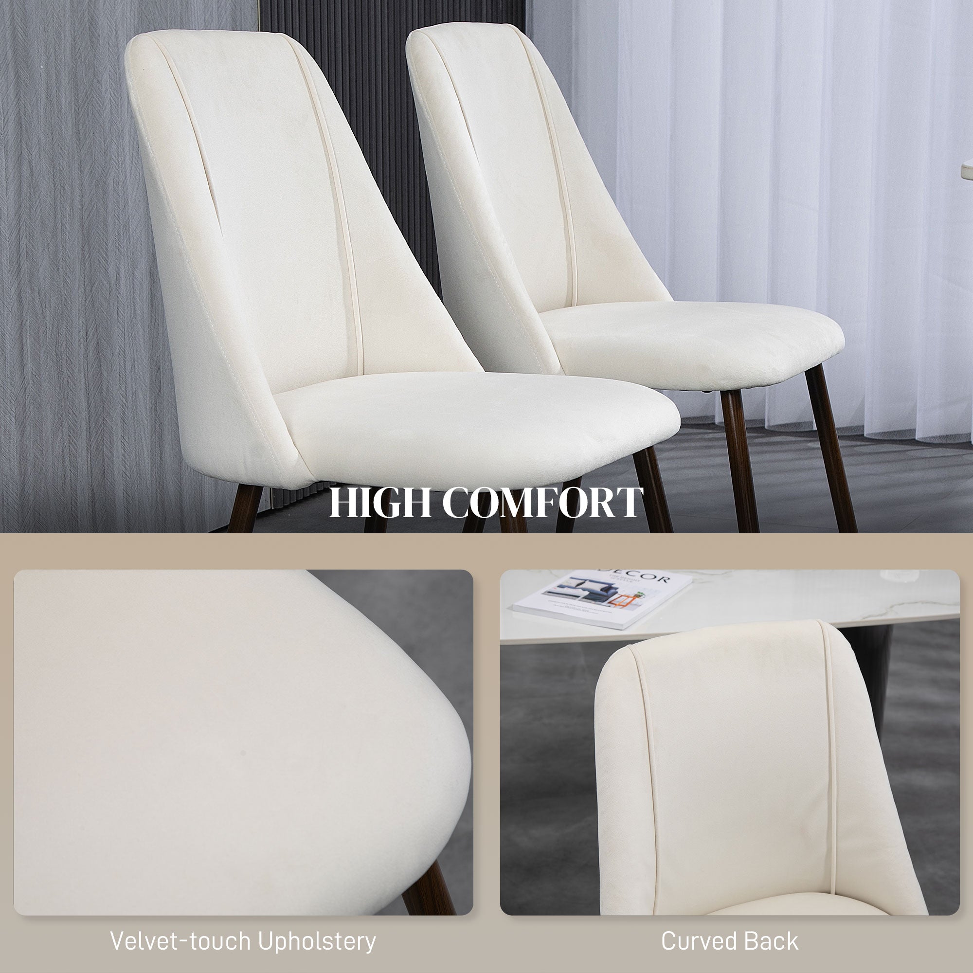 HOMCOM Dining Chairs Set of 4, Modern Kitchen Chairs with Velvet-touch Upholstery, Curved Back and Wood-grain Steel Legs, Accent Chairs for Living Room, Bedroom, Cream White