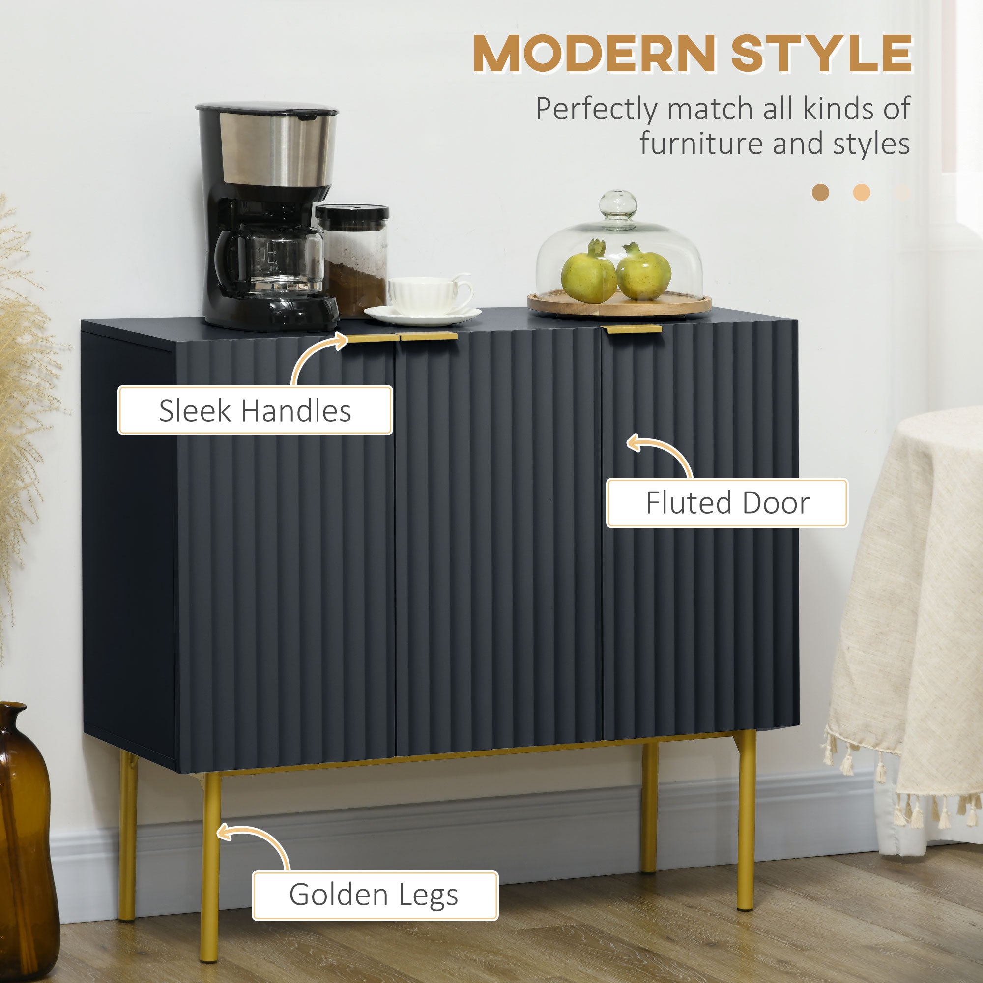 HOMCOM Accent Cabinet, Sideboard Buffet Cabinet, Modern Storage Cabinet with Gold Legs, Soft Close, Adjustable Shelves, Black