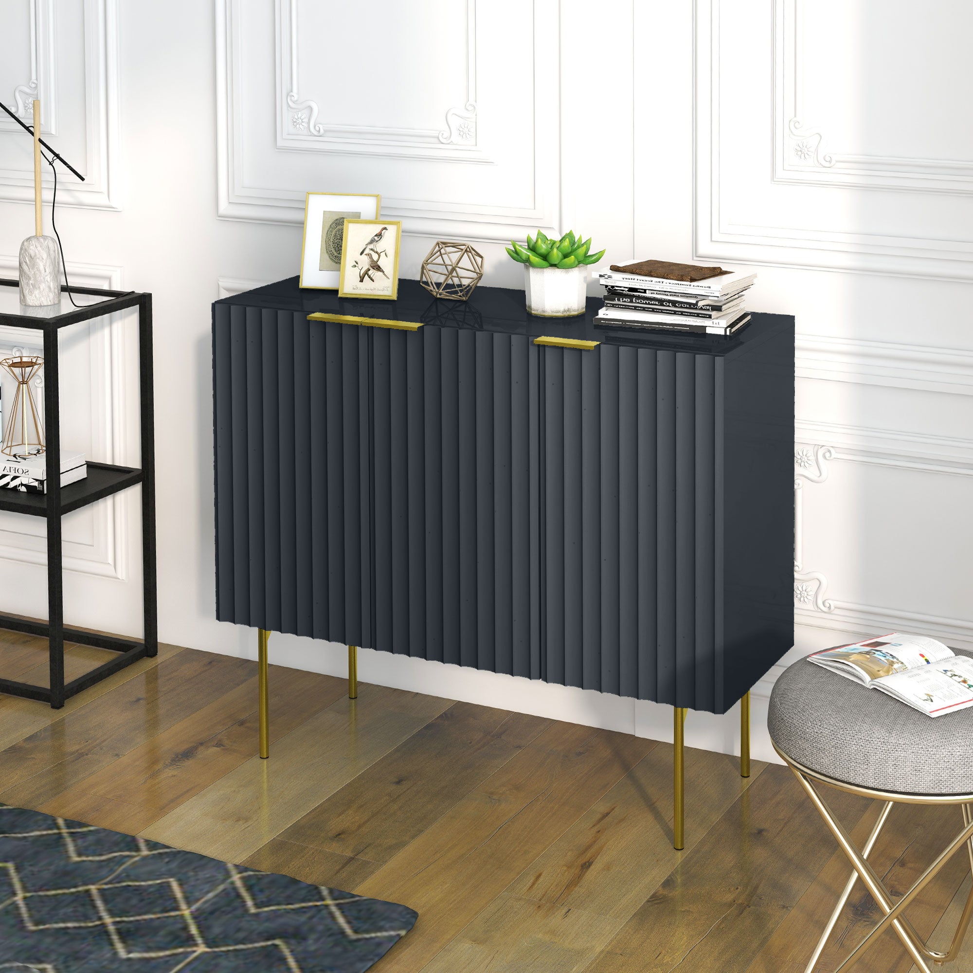 HOMCOM Accent Cabinet, Sideboard Buffet Cabinet, Modern Storage Cabinet with Gold Legs, Soft Close, Adjustable Shelves, Black