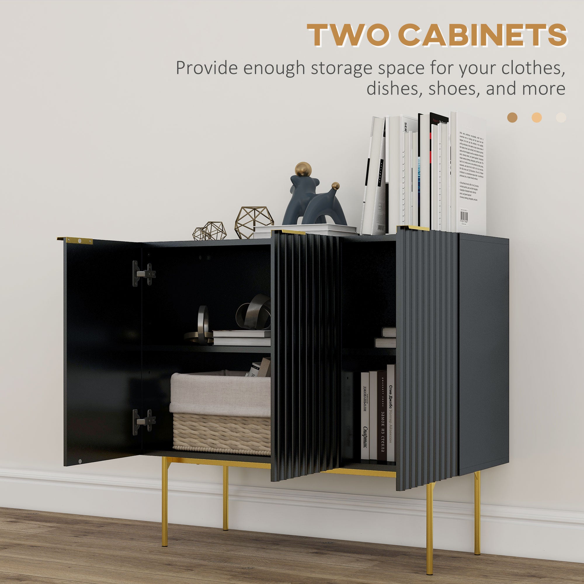 HOMCOM Accent Cabinet, Sideboard Buffet Cabinet, Modern Storage Cabinet with Gold Legs, Soft Close, Adjustable Shelves, Black