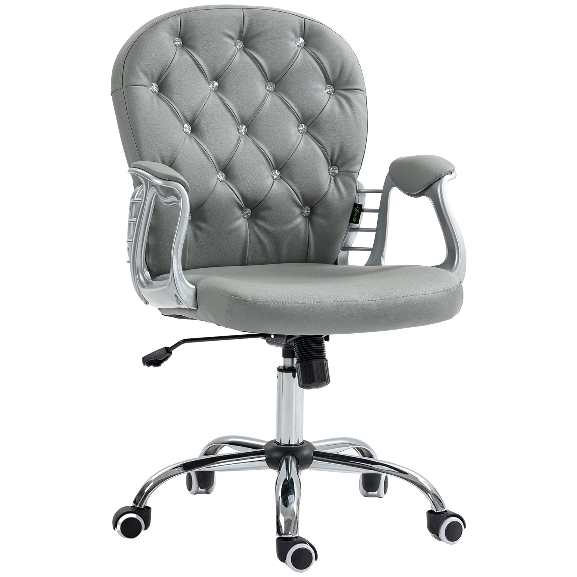 Button Tufted Desk Chair, Home Office Chair with Padded Armrests, Adjustable Height and Swivel Wheels, Gray