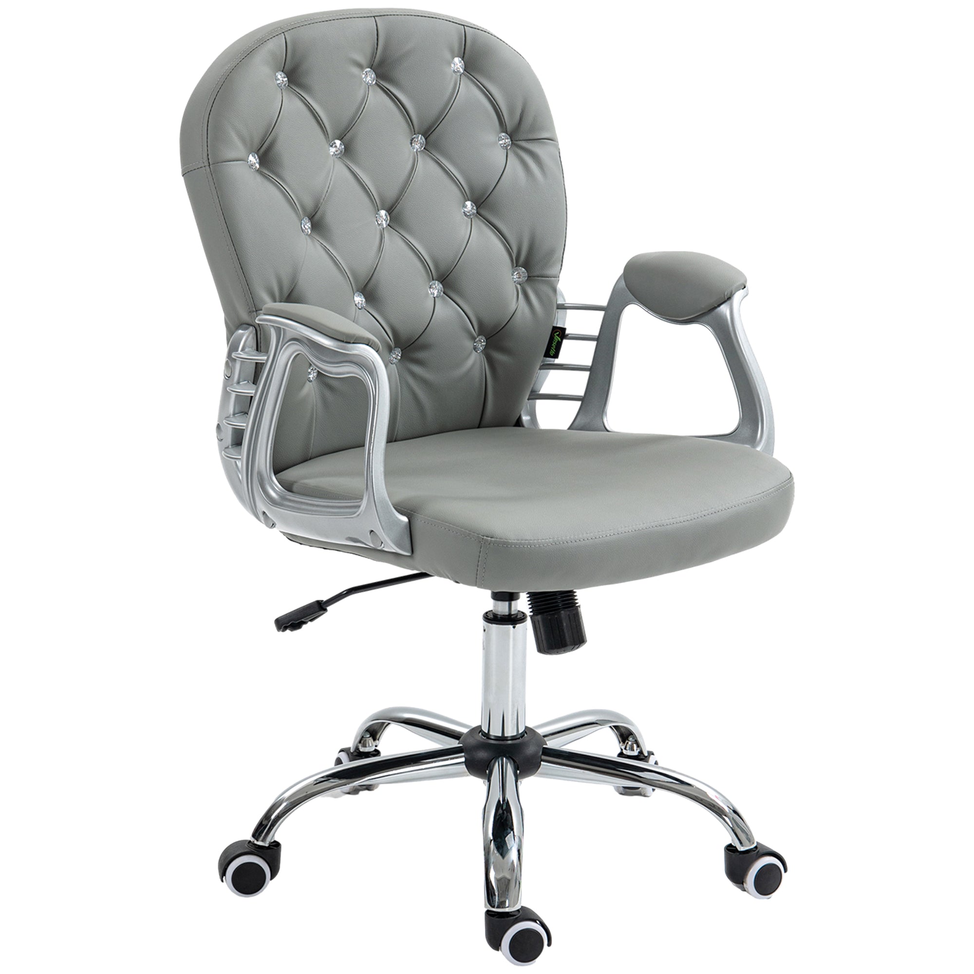 Button Tufted Desk Chair, Home Office Chair with Padded Armrests, Adjustable Height and Swivel Wheels, Gray