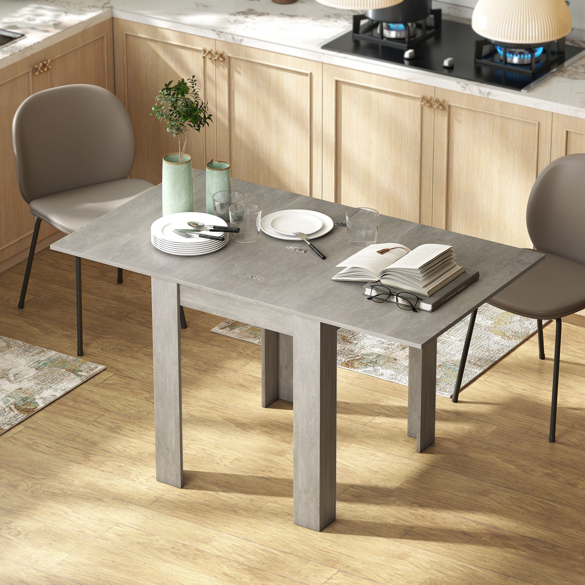 Folding Dining Table for 4-6, Rectangular Extendable Drop Leaf Table for Small Spaces, Dining Room, Kitchen, 140 x 80 x 77.5 cm, Grey
