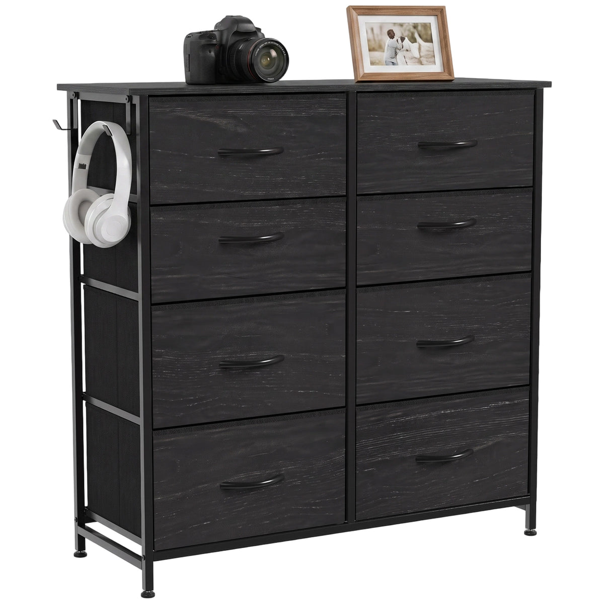 Chest of Drawers, Dresser for Bedroom with 8 Fabric Drawers, Tall Storage Unit with 4 Pockets, 2 Hooks and Steel Frame for Living Room, Hallway, Black